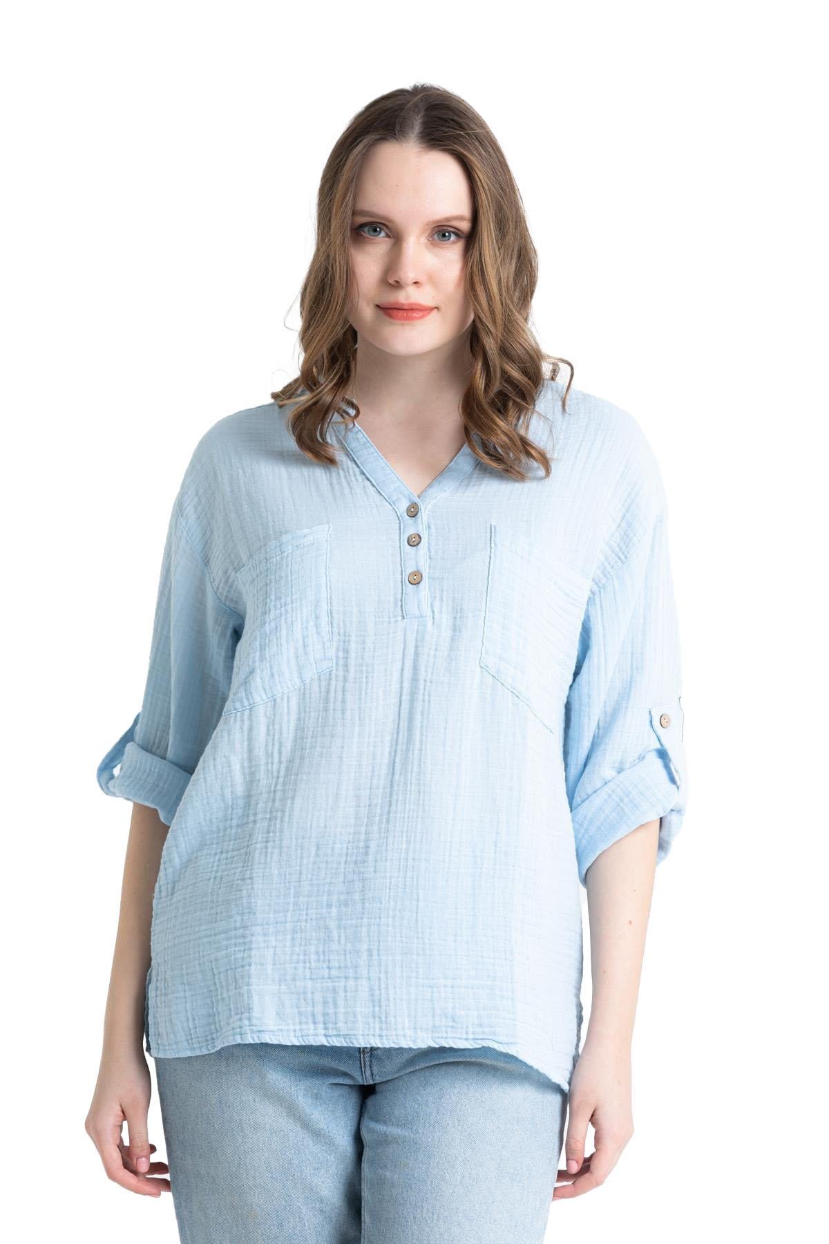 Long Sleeve Muslin Asu Blouse Ice Blue