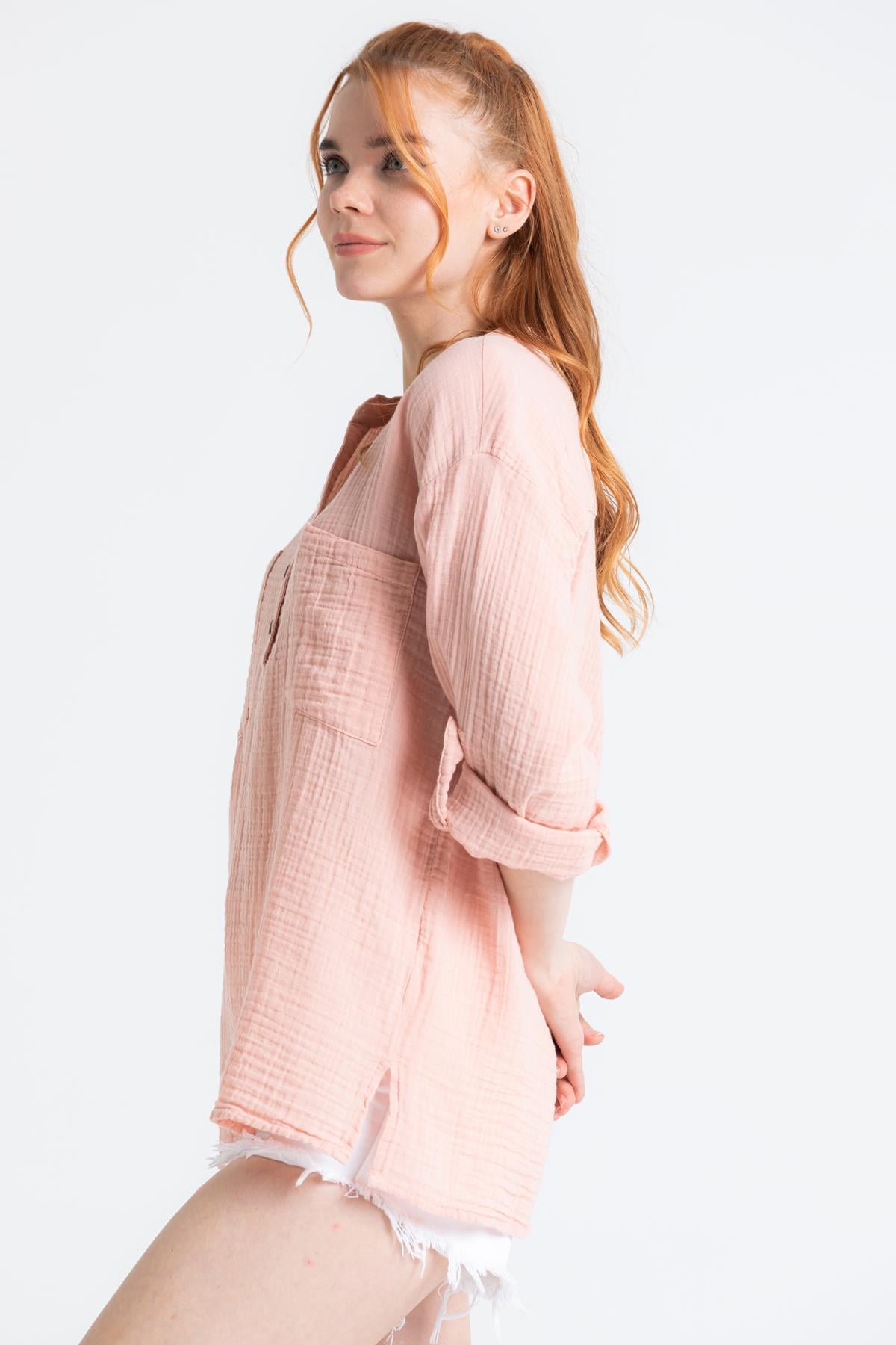 Long Sleeve Muslin Asu Blouse Pudra
