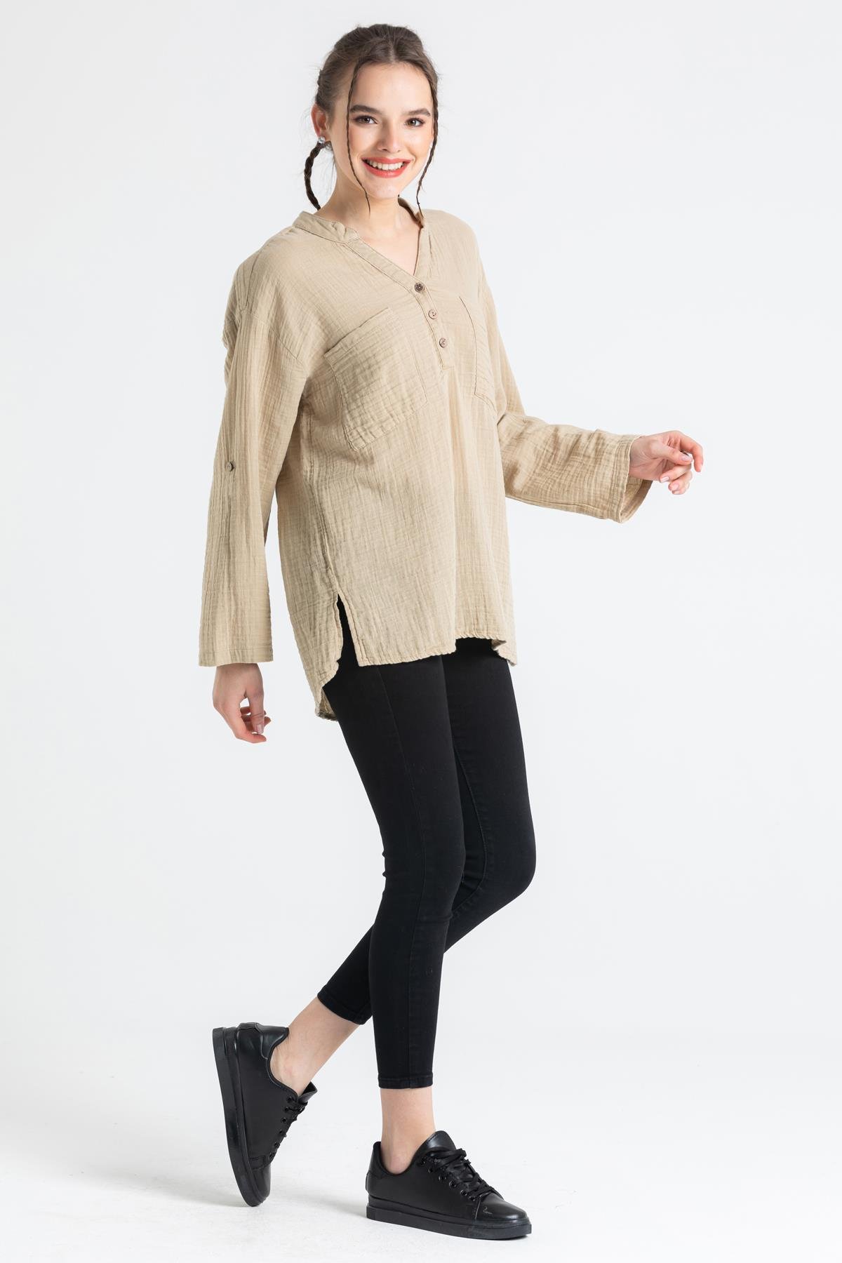 Uzun Kol Müslin Asu Bluz Vizon Vzn