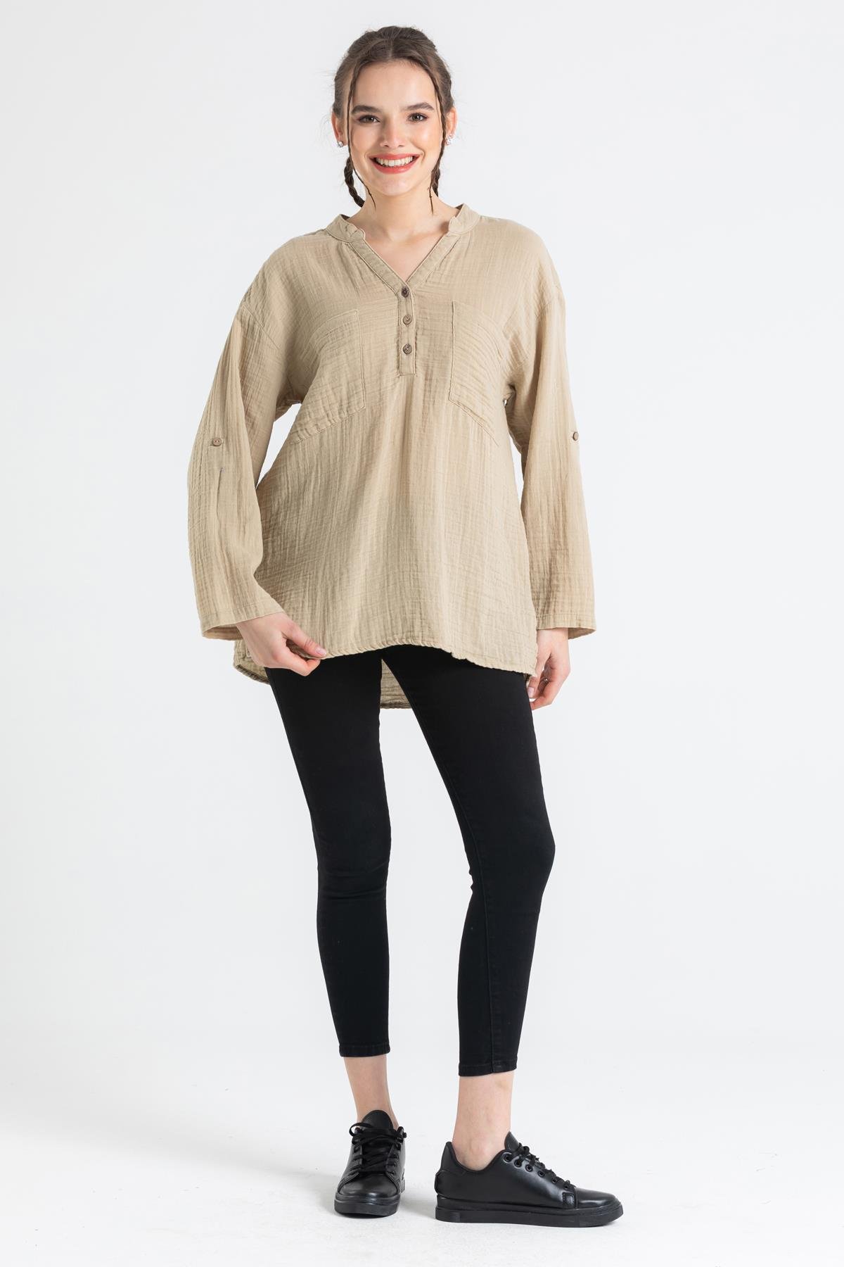 Uzun Kol Müslin Asu Bluz Vizon Vzn