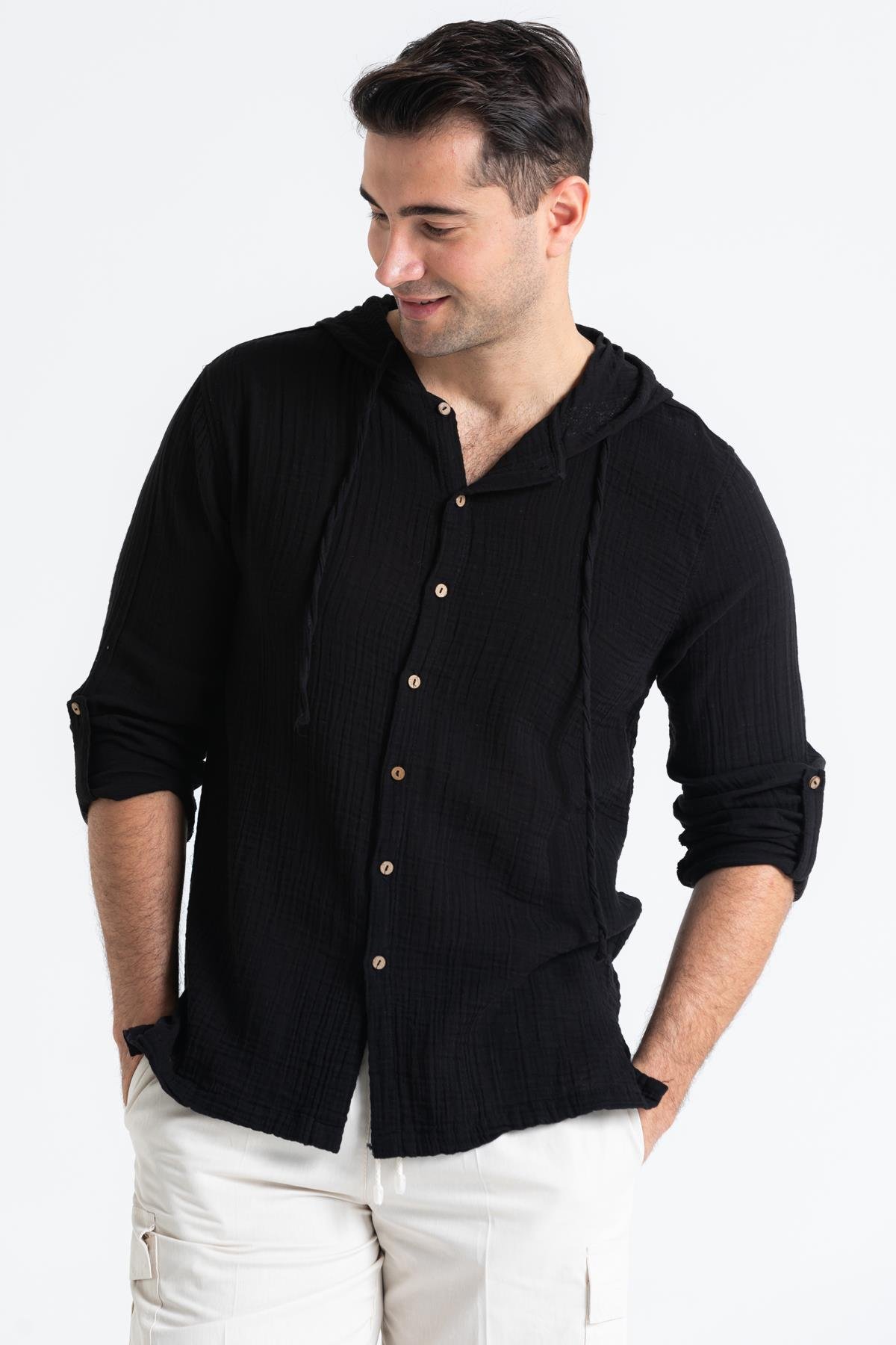 Uzun Kol Müslin Erkek Kapüşonlu Sweatshirt Siyah Syh