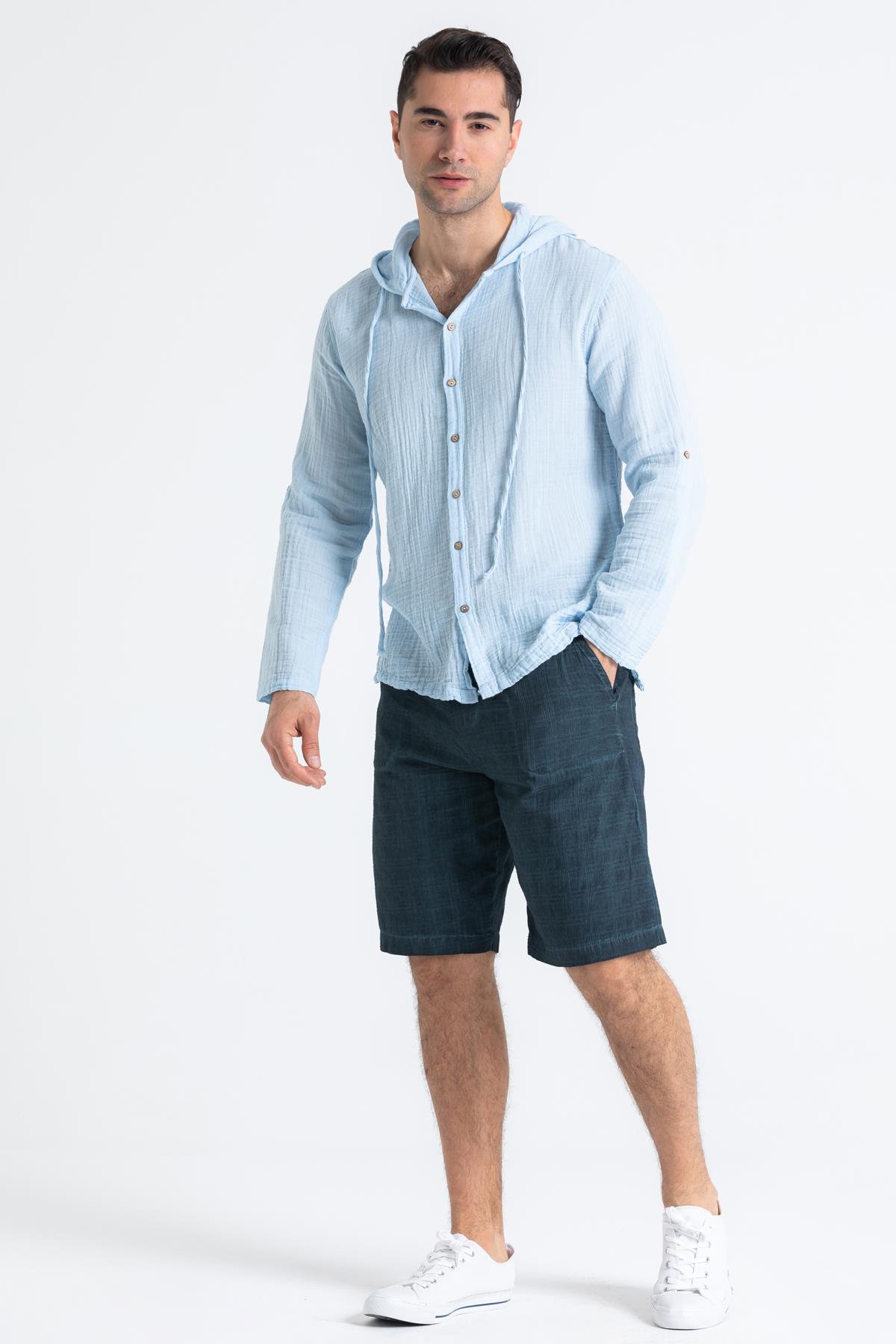 Uzun Kol Müslin Erkek Kapüşonlu Sweatshirt Buz Mavi Bmv