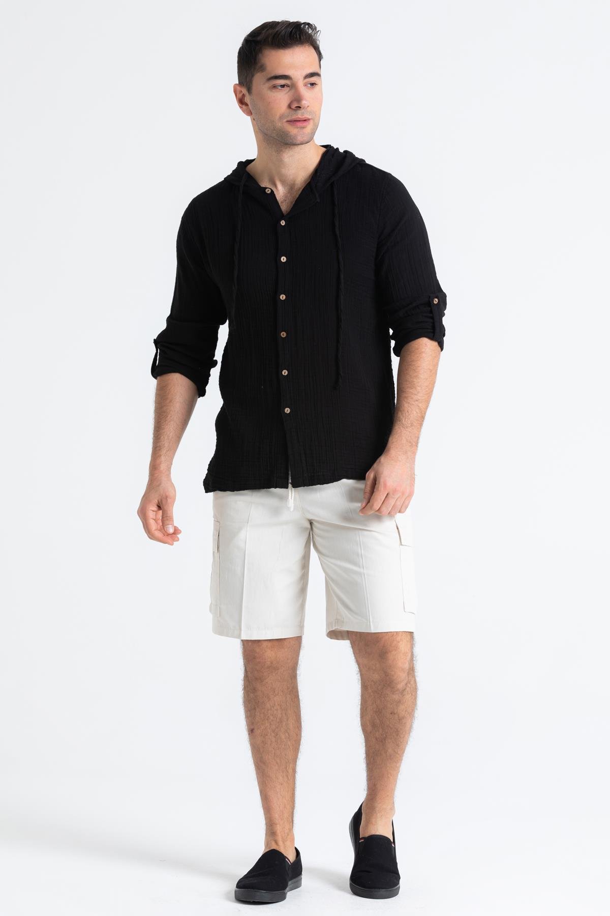 Uzun Kol Müslin Erkek Kapüşonlu Sweatshirt Siyah Syh