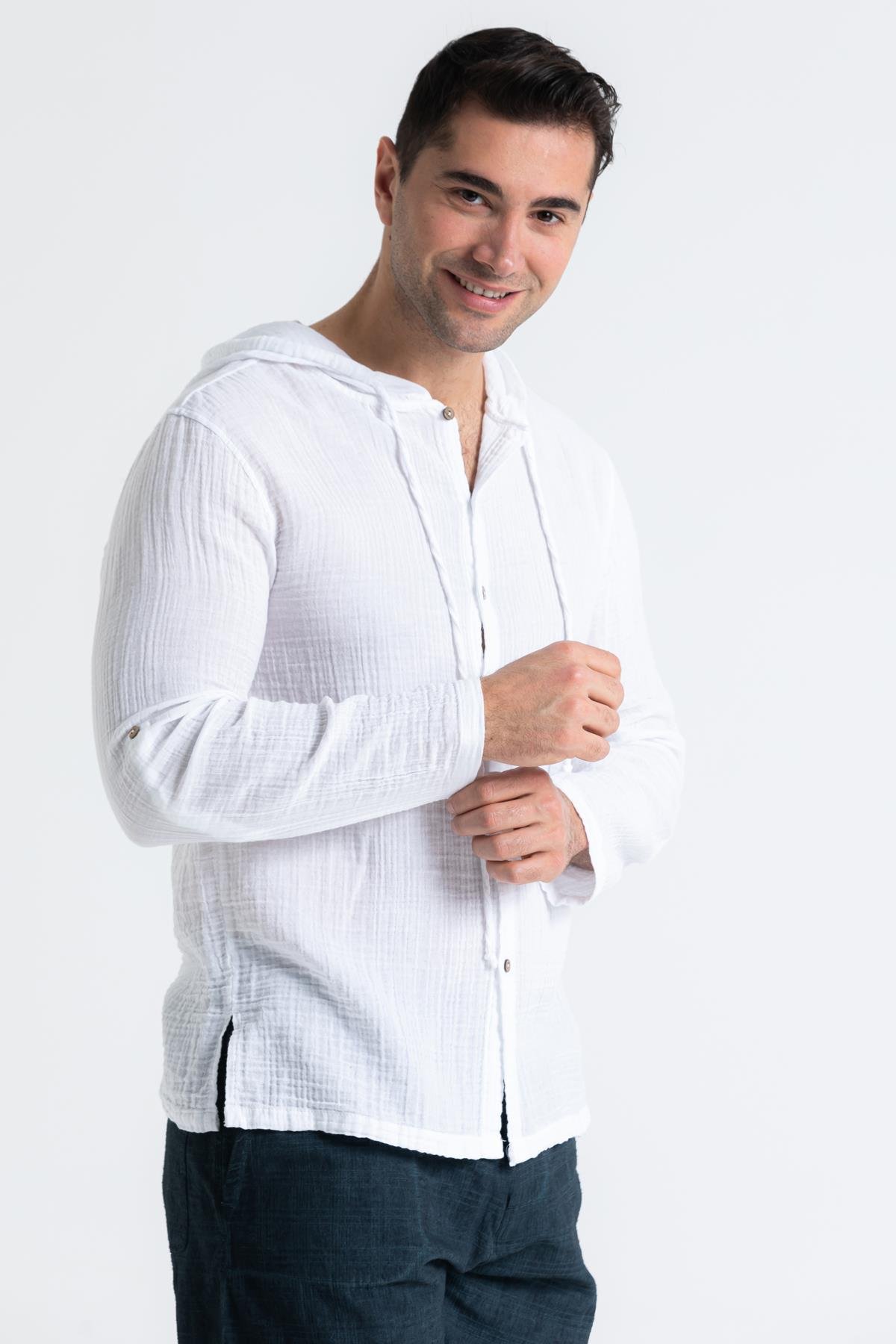 Uzun Kol Müslin Erkek Kapüşonlu Sweatshirt Beyaz Byz