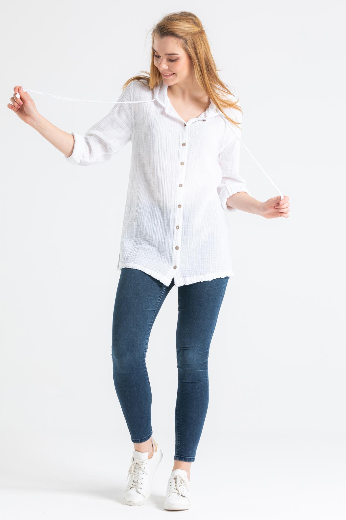 Uzun Kol Müslin Kapüşonlu Sweatshirt Beyaz Byz