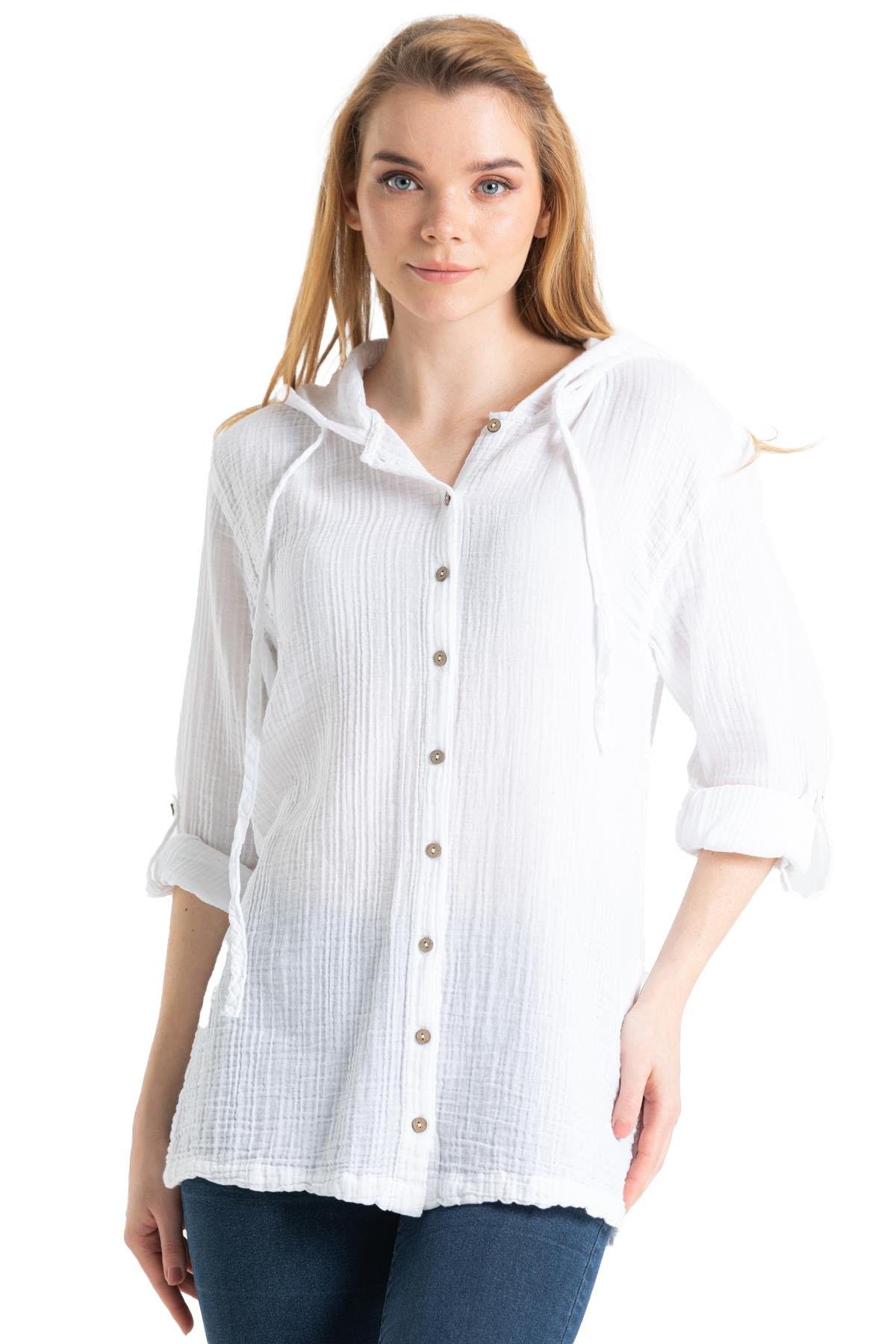 Uzun Kol Müslin Kapüşonlu Sweatshirt Beyaz Byz