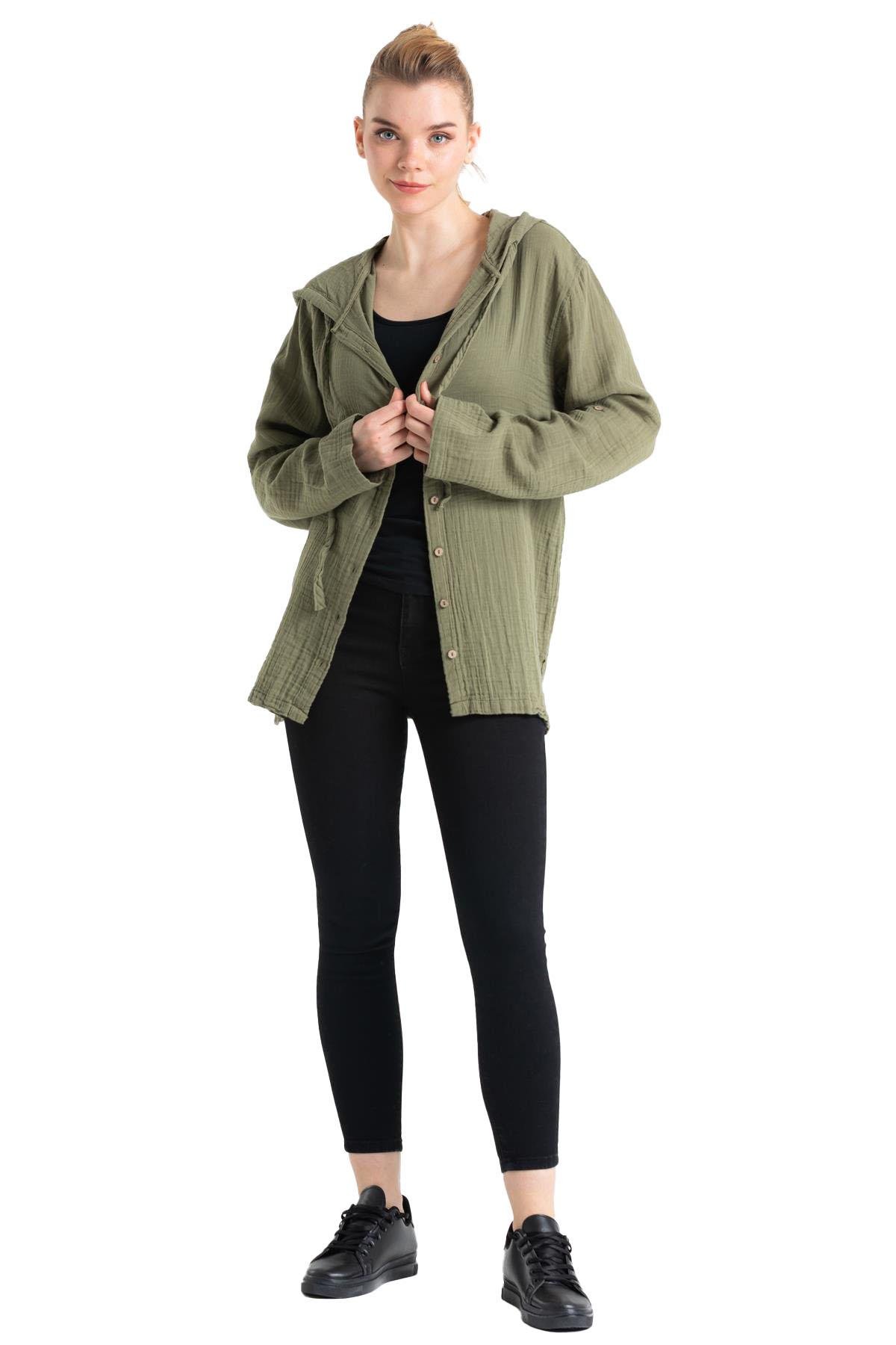 Uzun Kol Müslin Kapüşonlu Sweatshirt Haki Hk