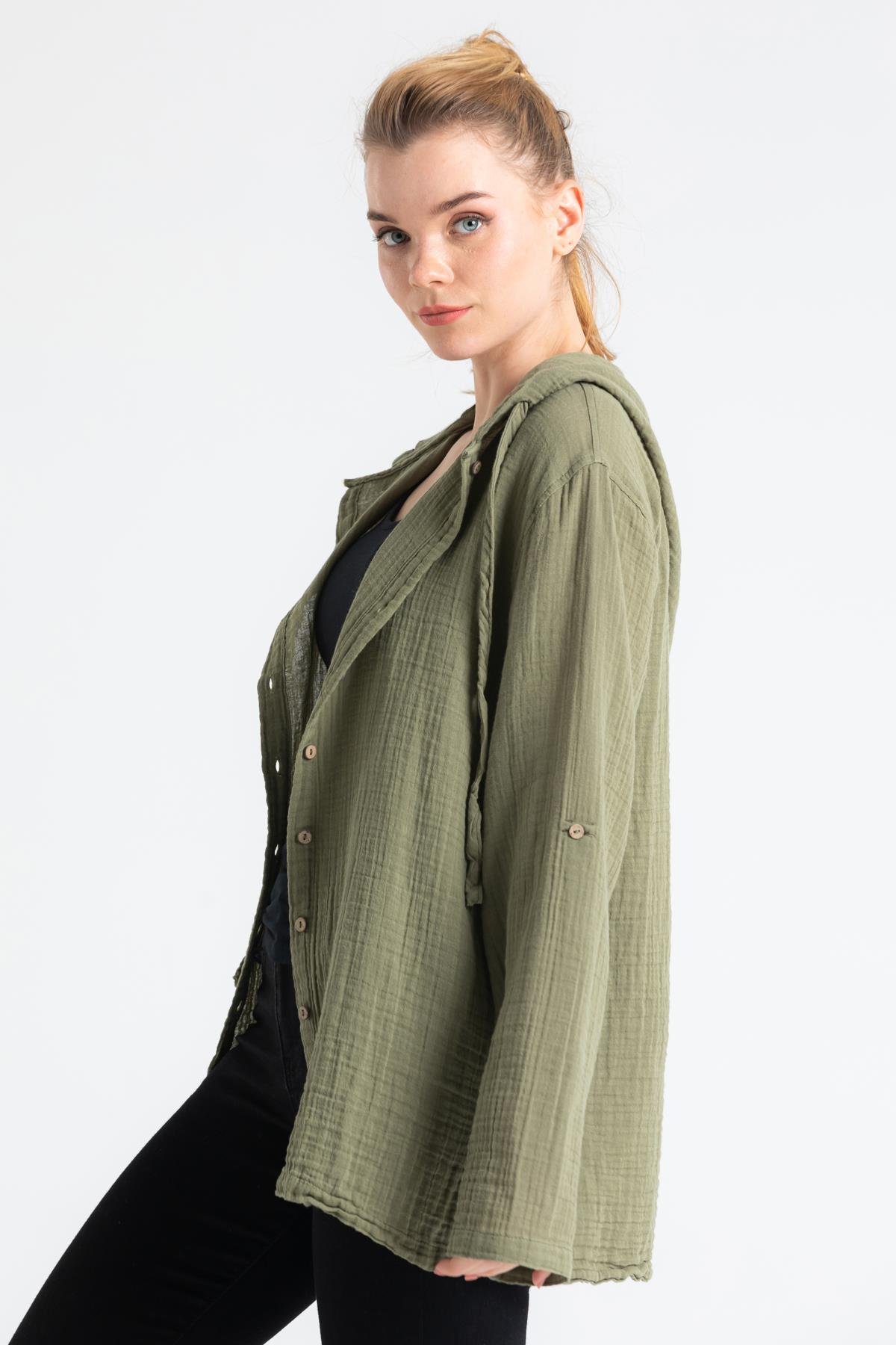 Uzun Kol Müslin Kapüşonlu Sweatshirt Haki Hk