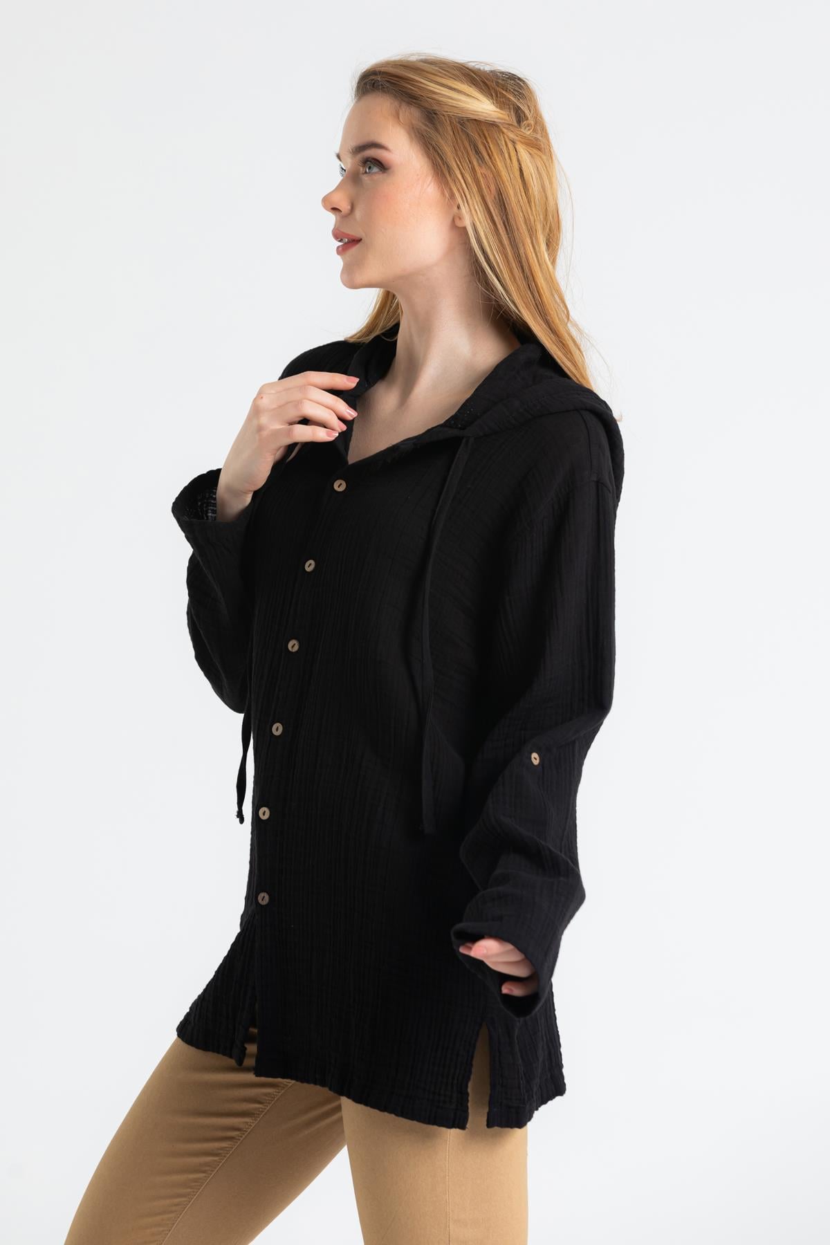 Long Sleeve Muslin Hoodie Sweatshirt Black