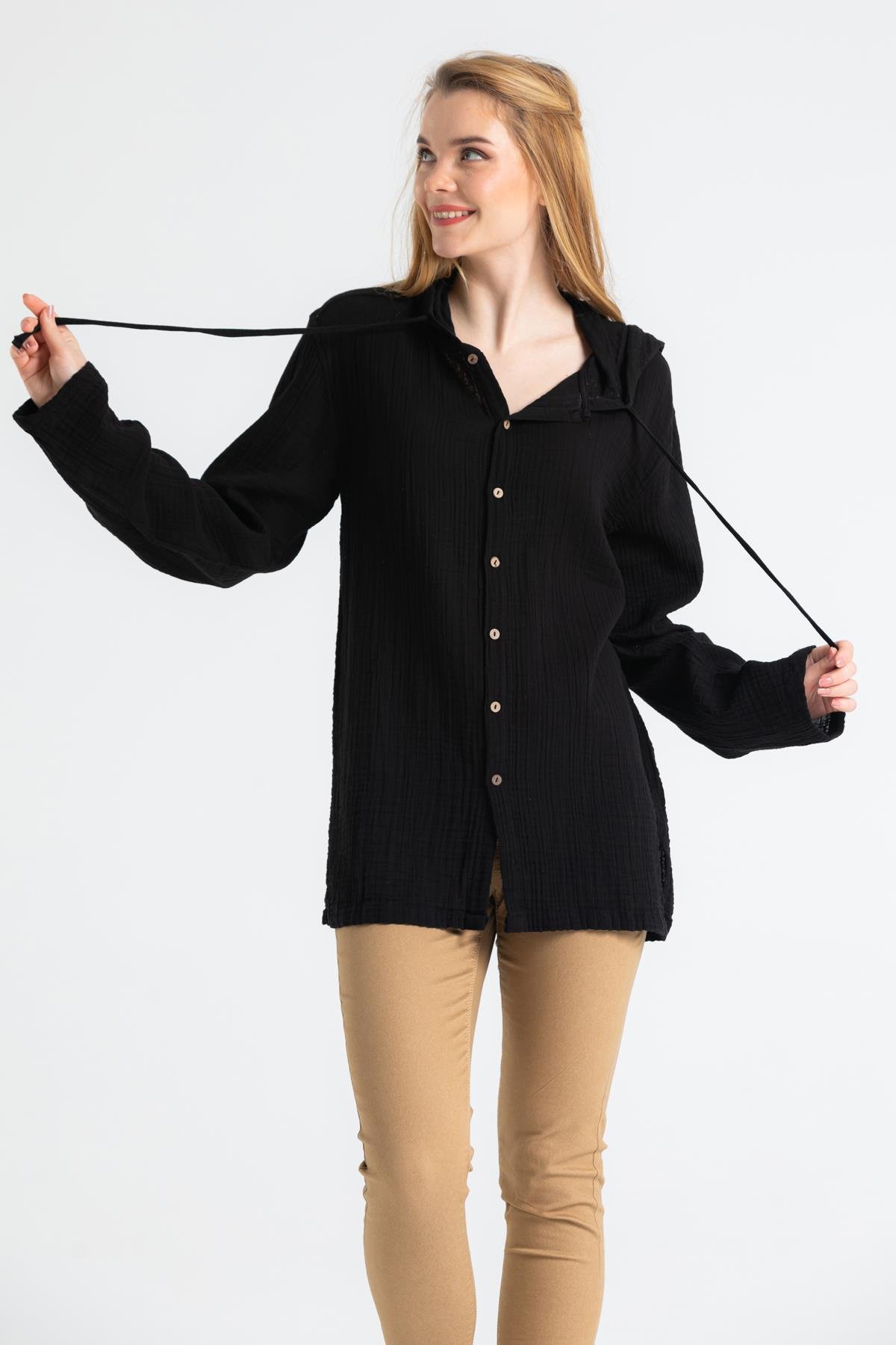 Long Sleeve Muslin Hoodie Sweatshirt Black