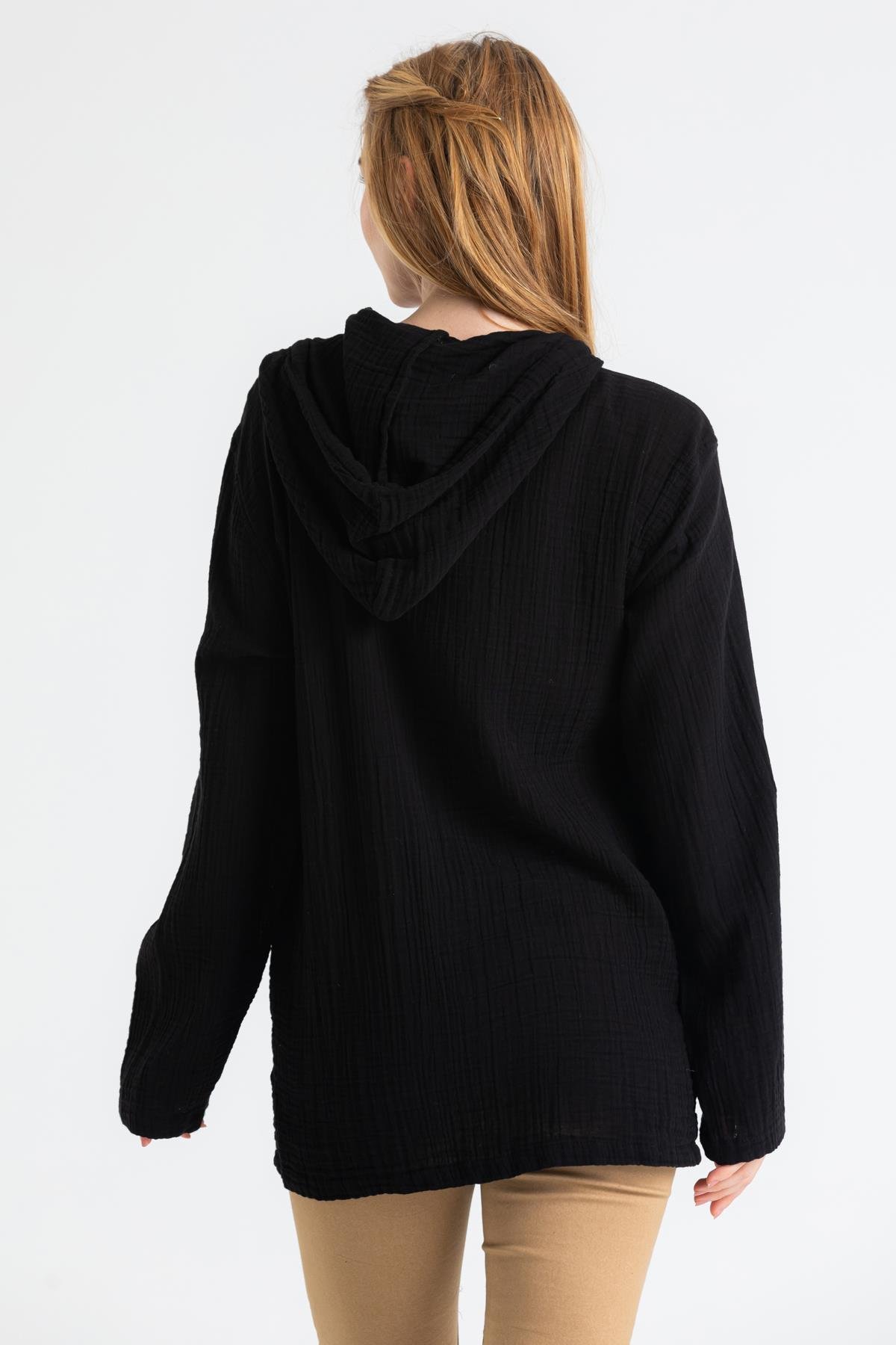 Long Sleeve Muslin Hoodie Sweatshirt Black