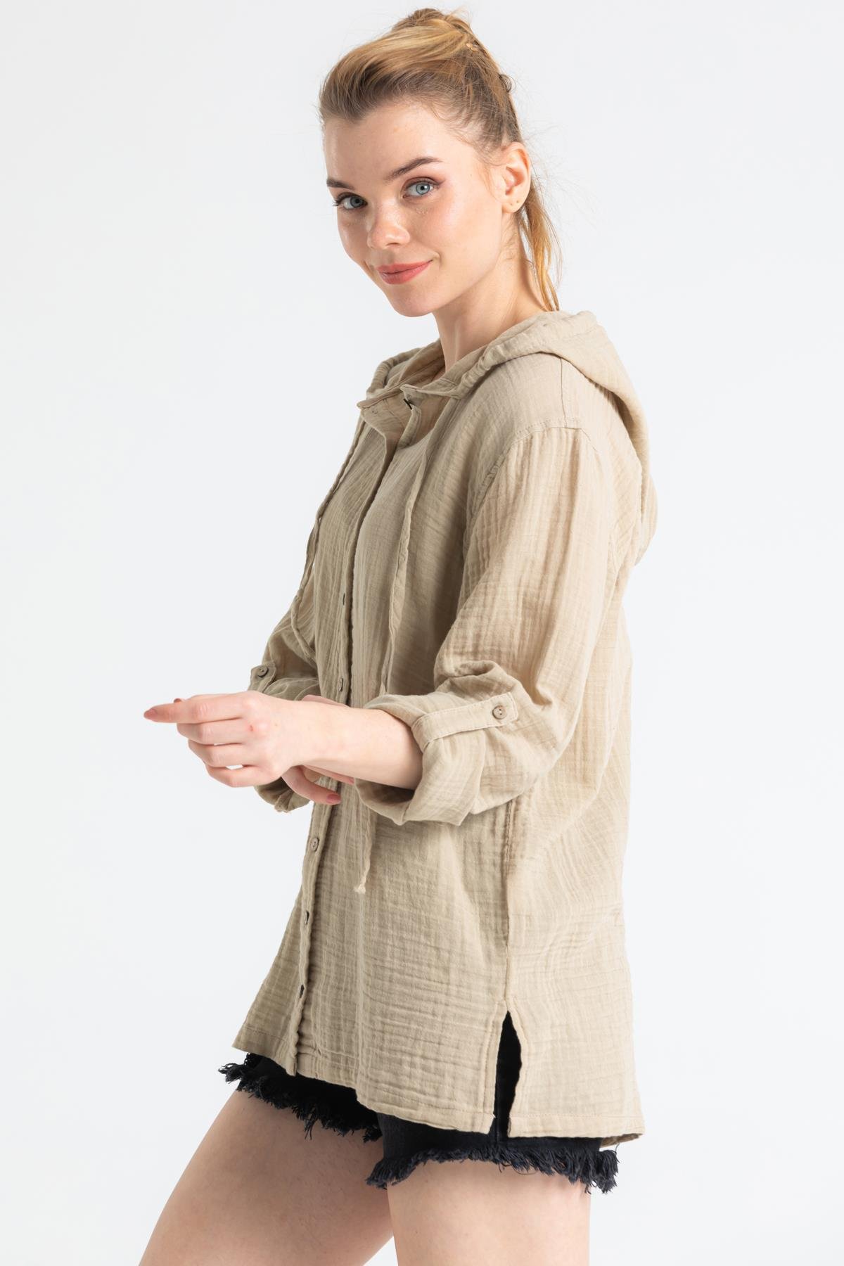 Uzun Kol Müslin Kapüşonlu Sweatshirt Vizon Vzn