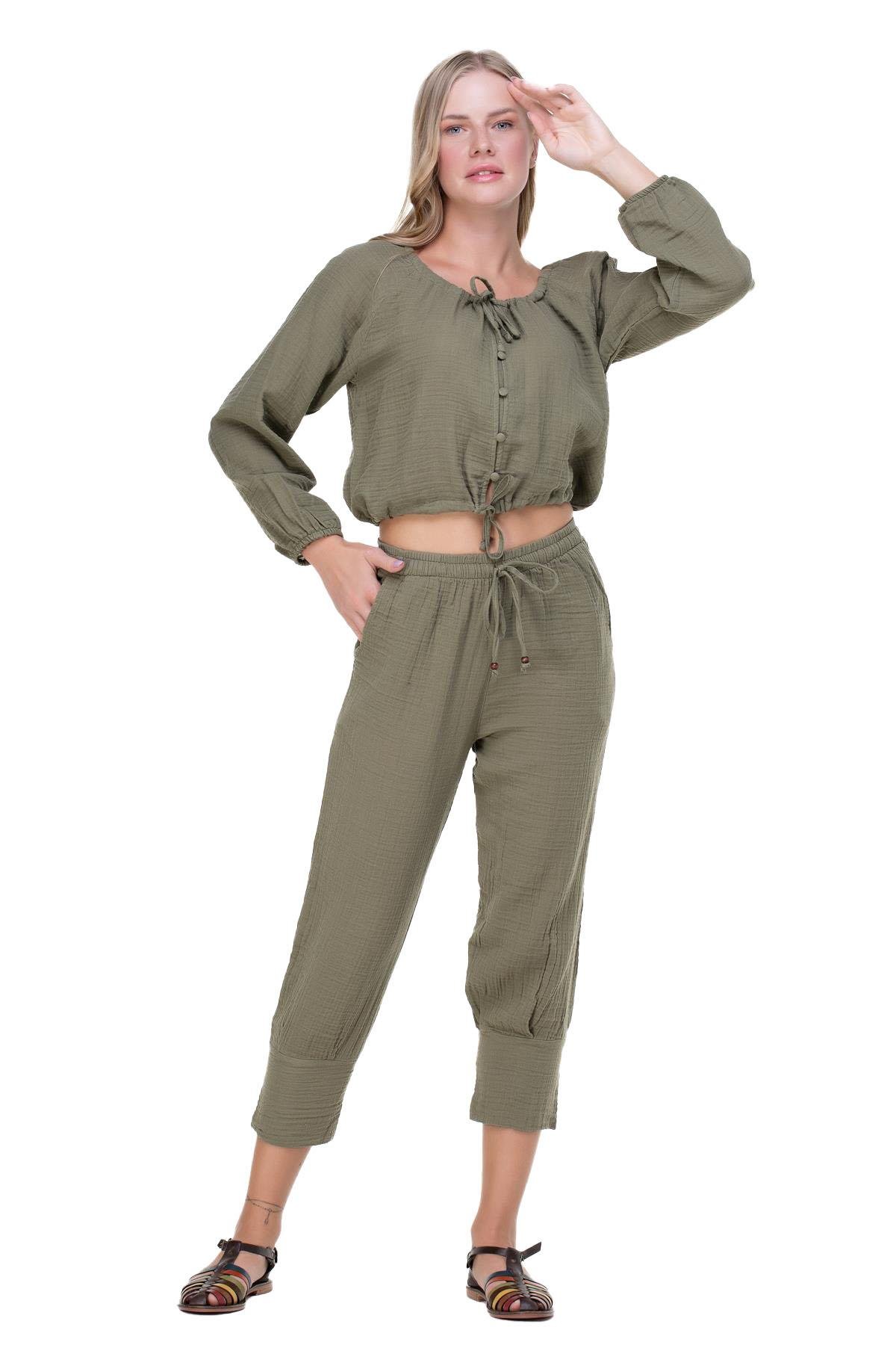 Long Sleeve Muslin Rana Ruffle Detailed Blouse Khaki