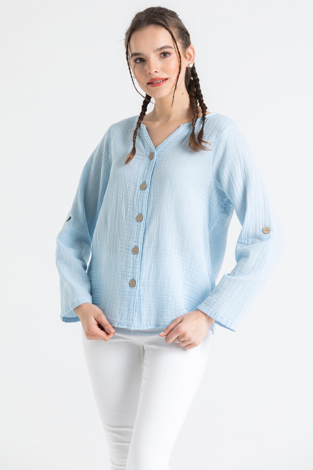 Uzun Kol Müslin Sedef Gömlek Buz Mavi Bmv