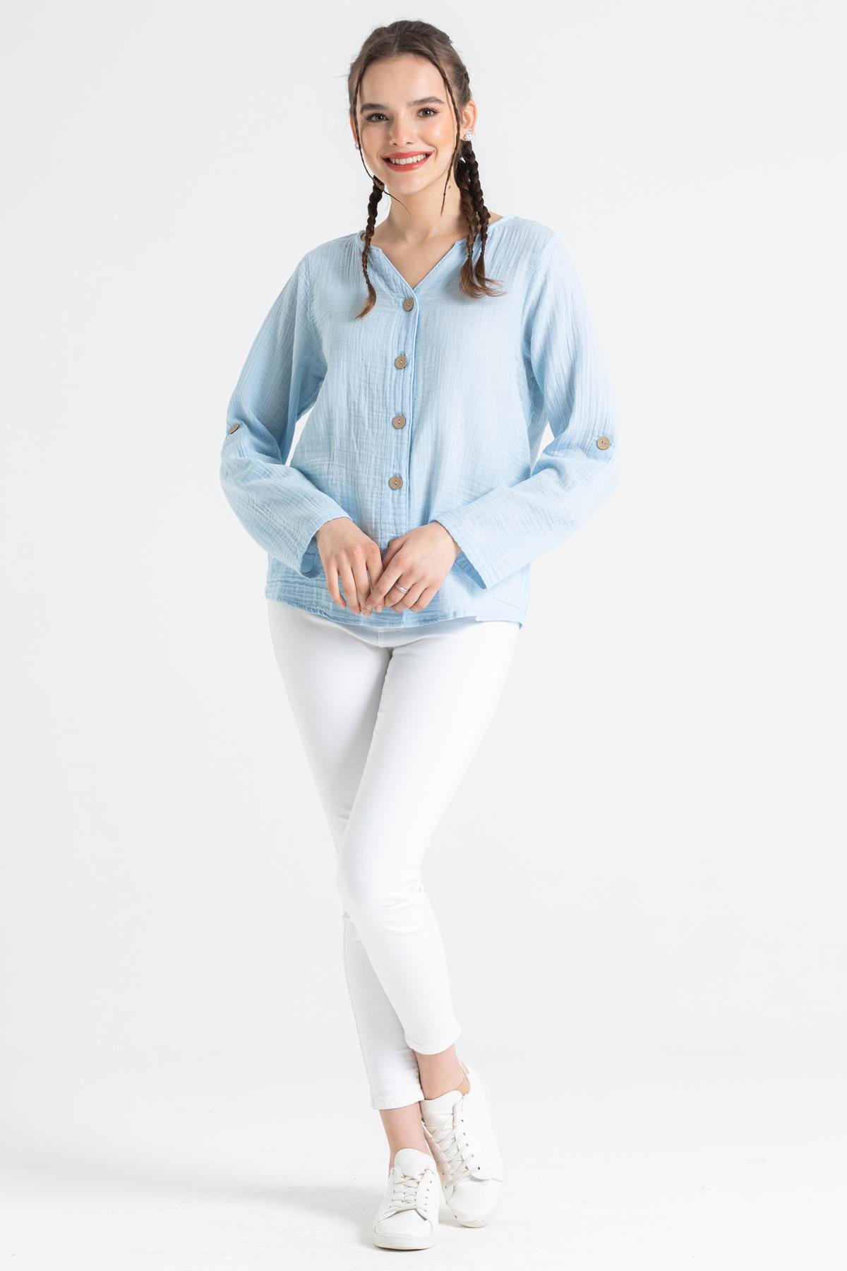 Uzun Kol Müslin Sedef Gömlek Buz Mavi Bmv