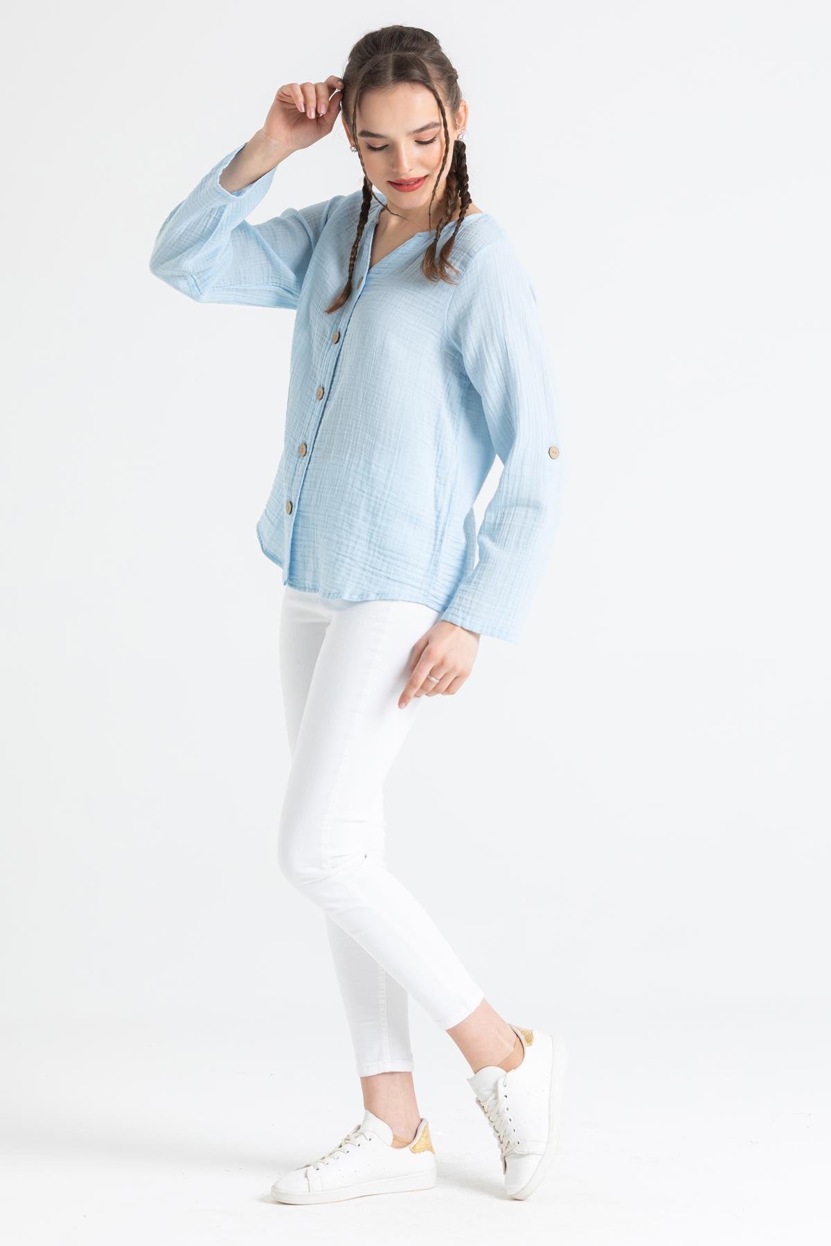 Uzun Kol Müslin Sedef Gömlek Buz Mavi Bmv