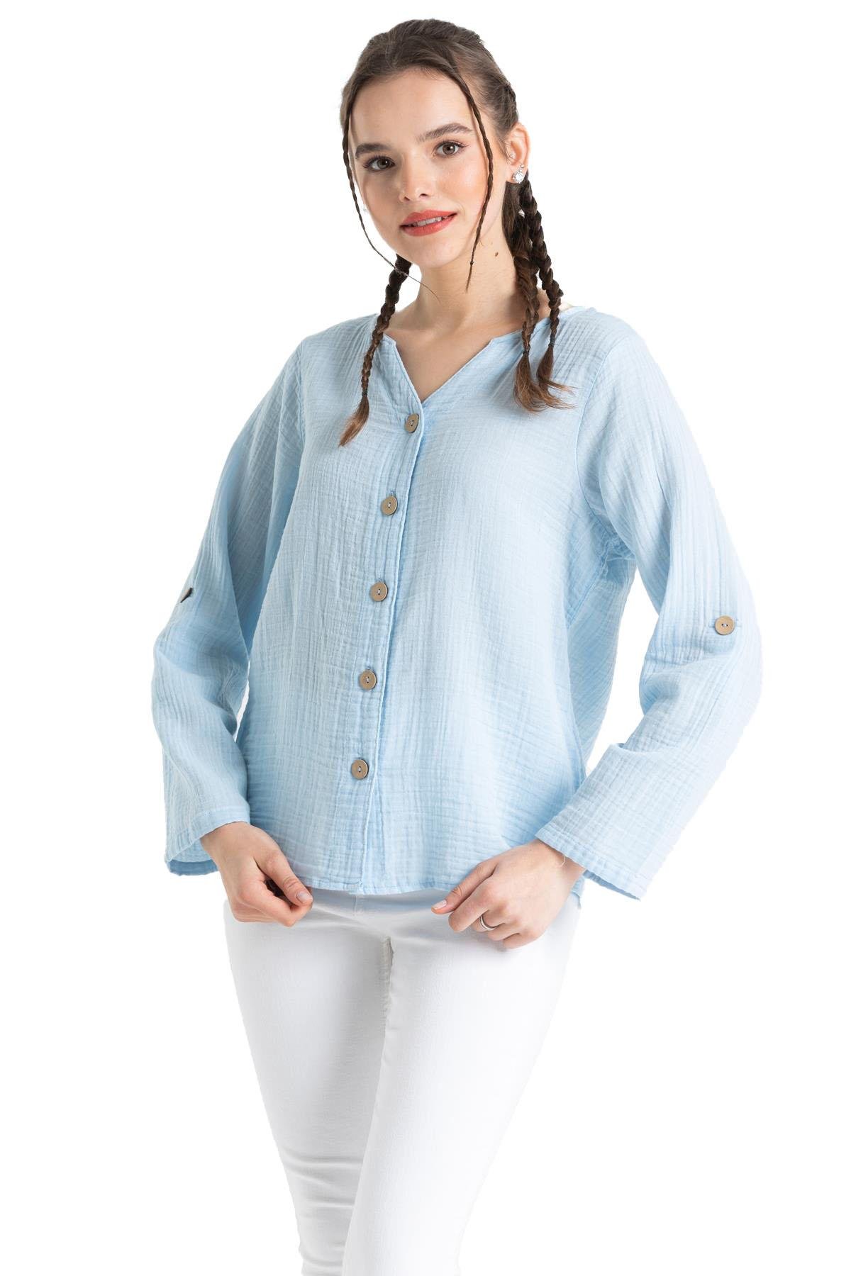 Uzun Kol Müslin Sedef Gömlek Buz Mavi Bmv