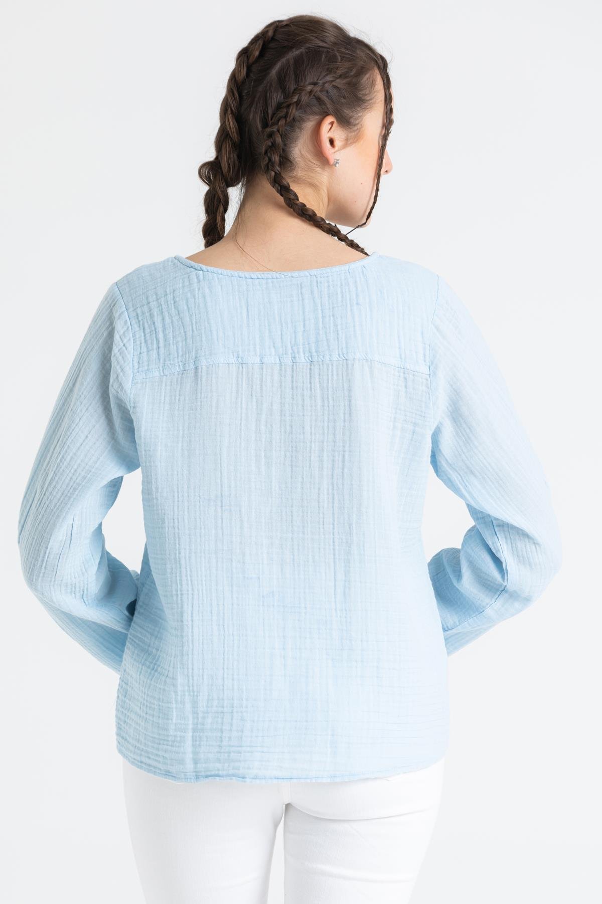 Uzun Kol Müslin Sedef Gömlek Buz Mavi Bmv