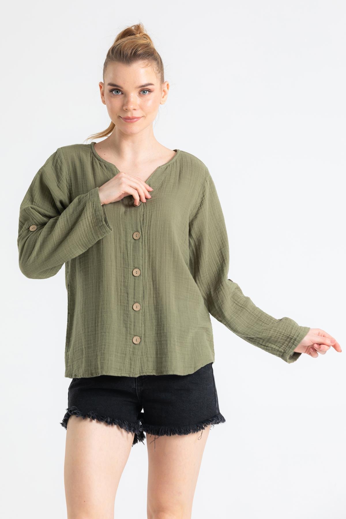 Uzun Kol Müslin Sedef Gömlek Haki Hk