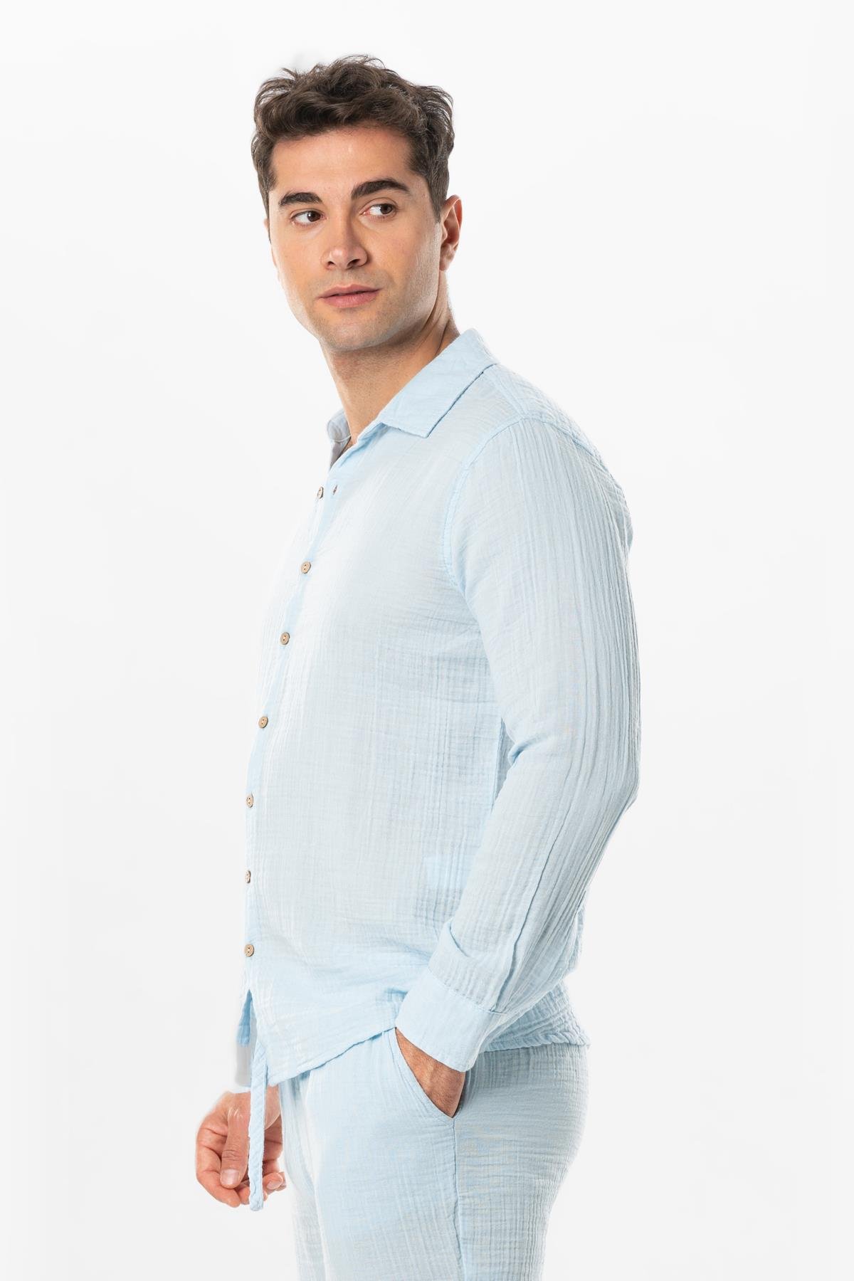 Long Sleeve Muslin Summer Men's Shirt Ice Blue