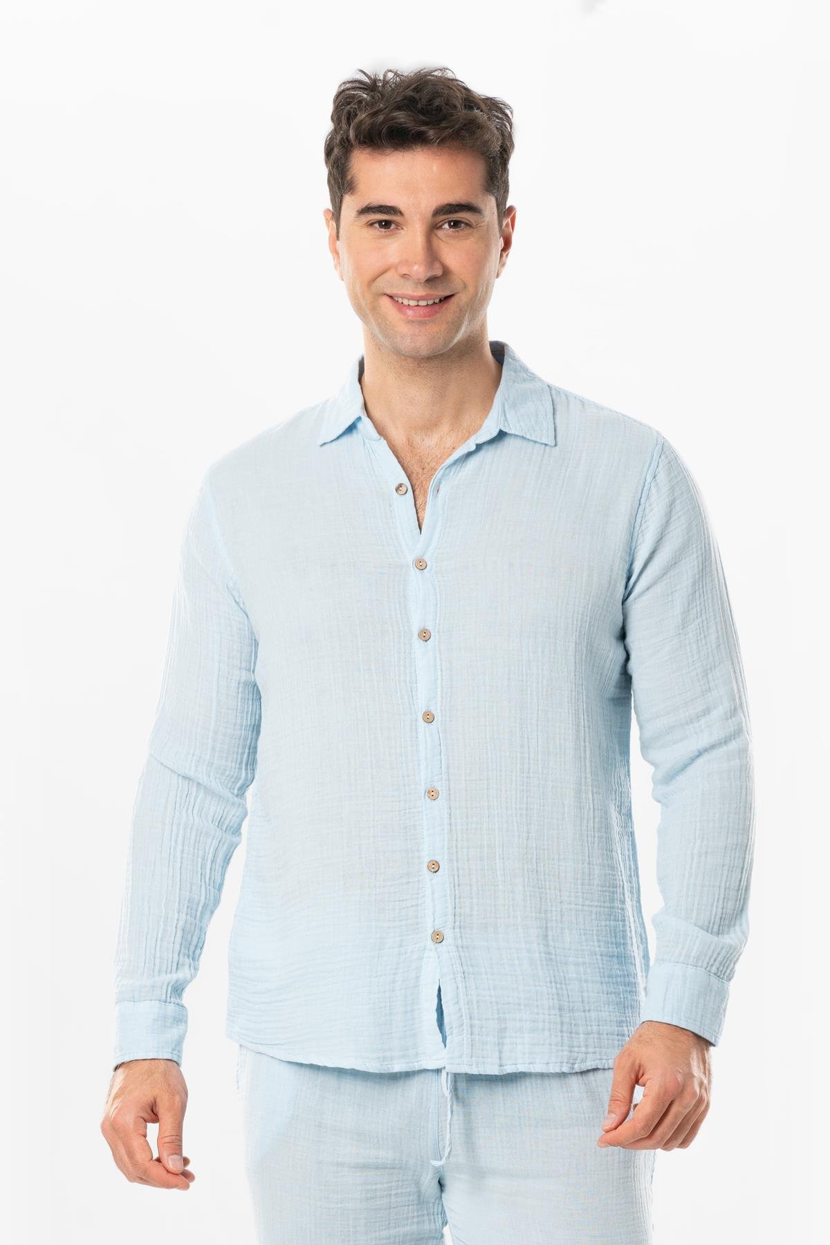 Long Sleeve Muslin Summer Men's Shirt Ice Blue