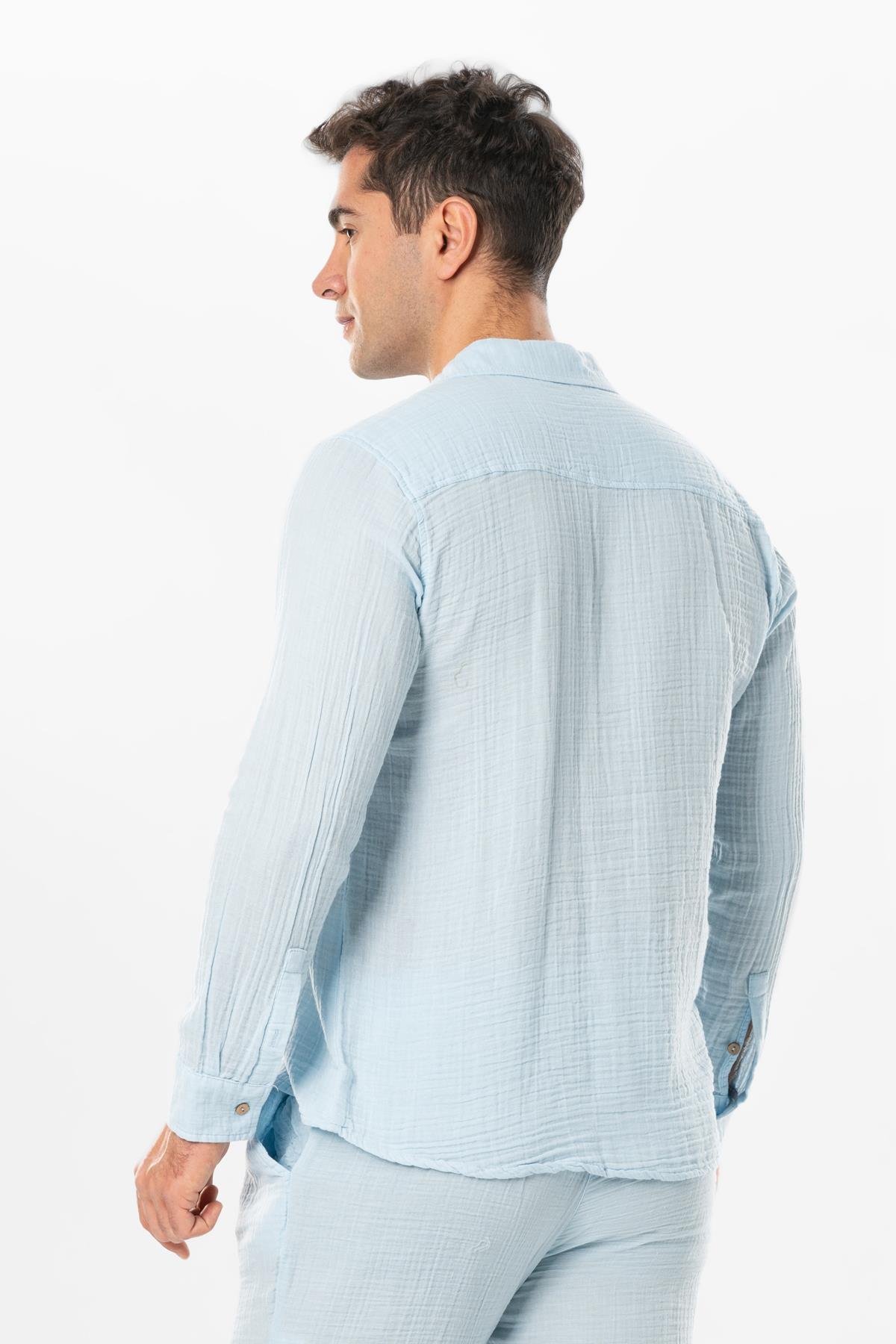 Long Sleeve Muslin Summer Men's Shirt Ice Blue