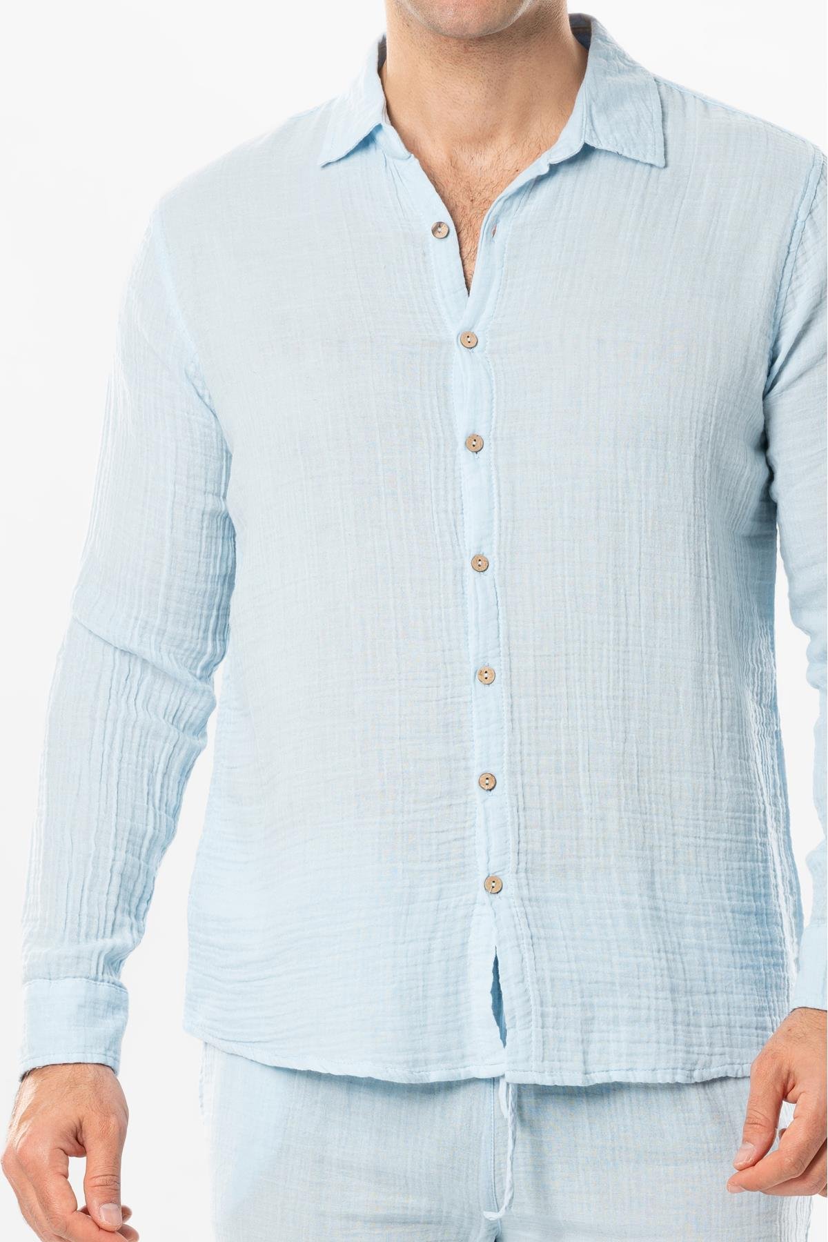 Long Sleeve Muslin Summer Men's Shirt Ice Blue