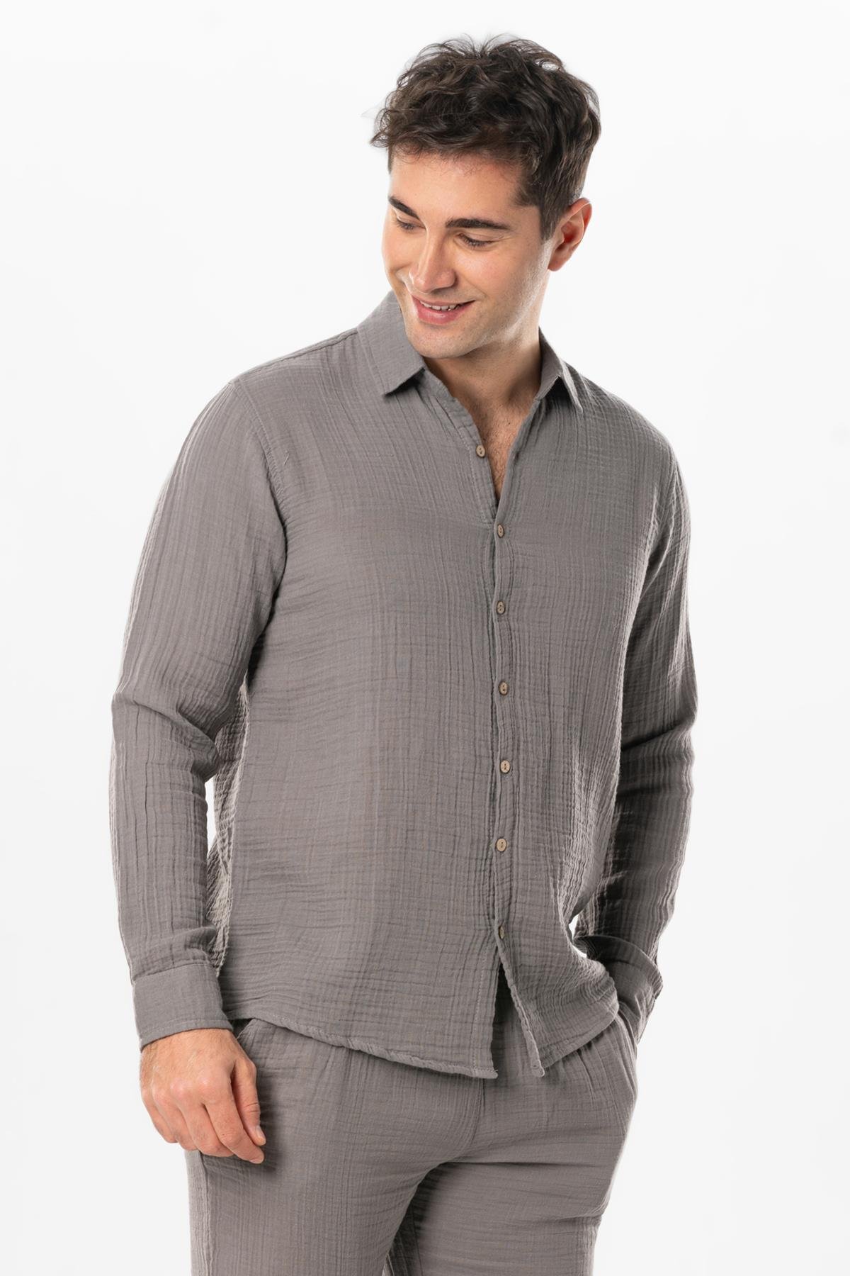 Long Sleeve Muslin Summer Men's Shirt Gray 