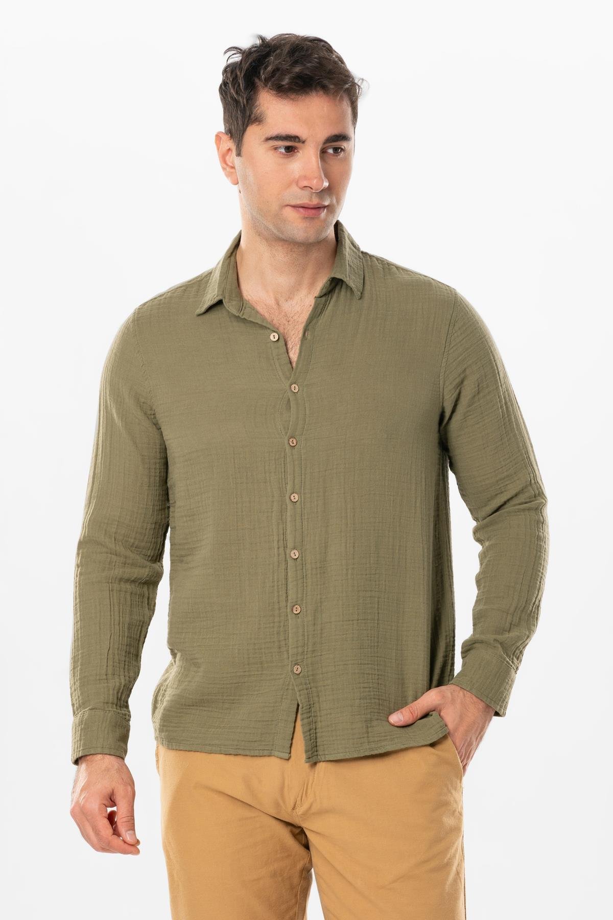 Long Sleeve Muslin Summer Men's Shirt Khaki