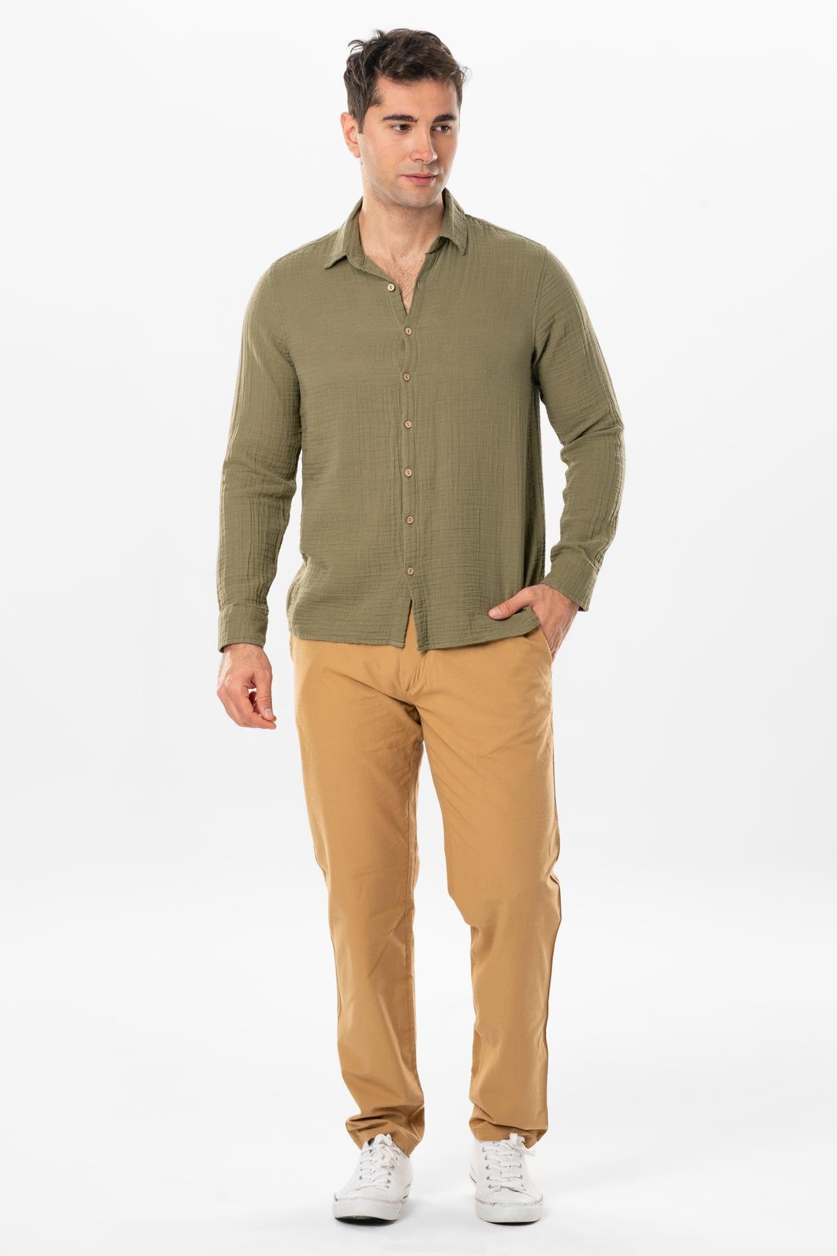Long Sleeve Muslin Summer Men's Shirt Khaki