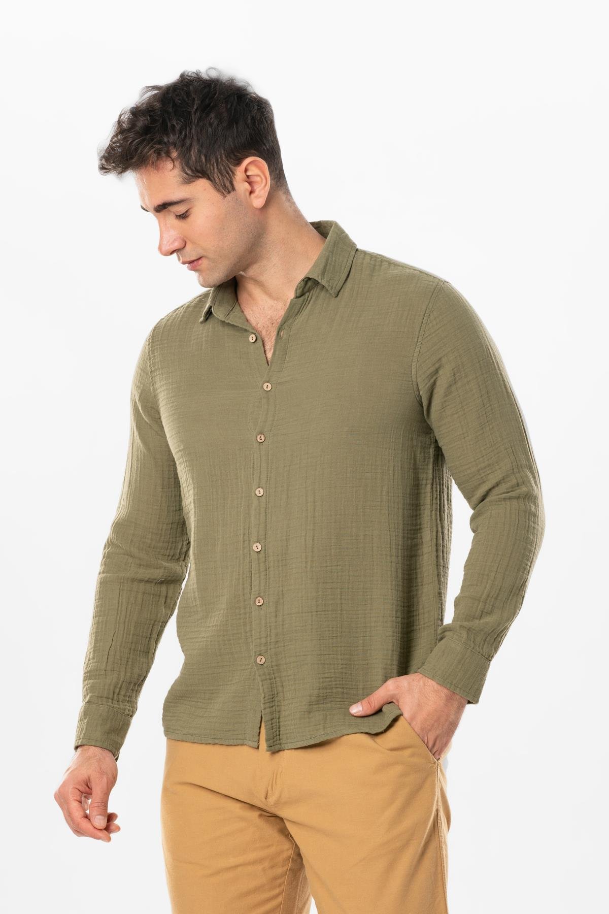 Long Sleeve Muslin Summer Men's Shirt Khaki