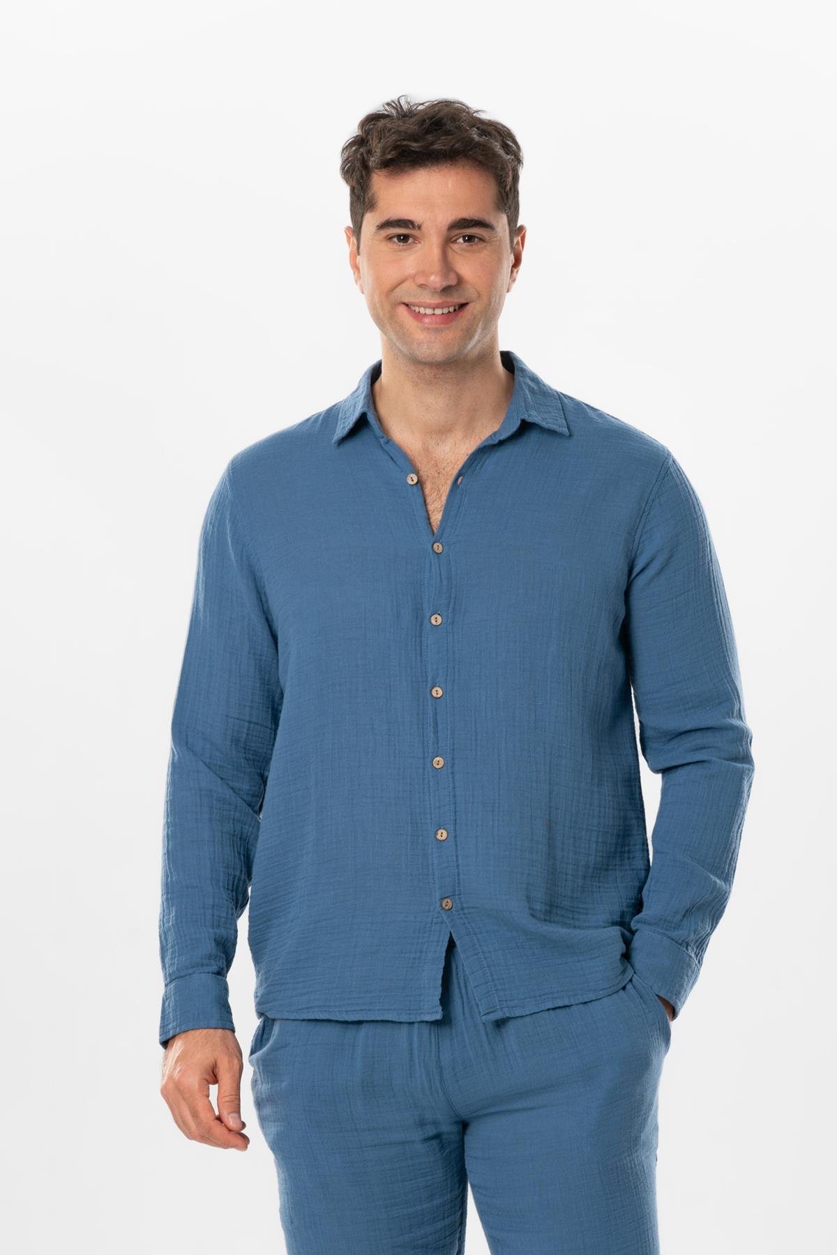 Long Sleeve Muslin Summer Men's Shirt Indigo