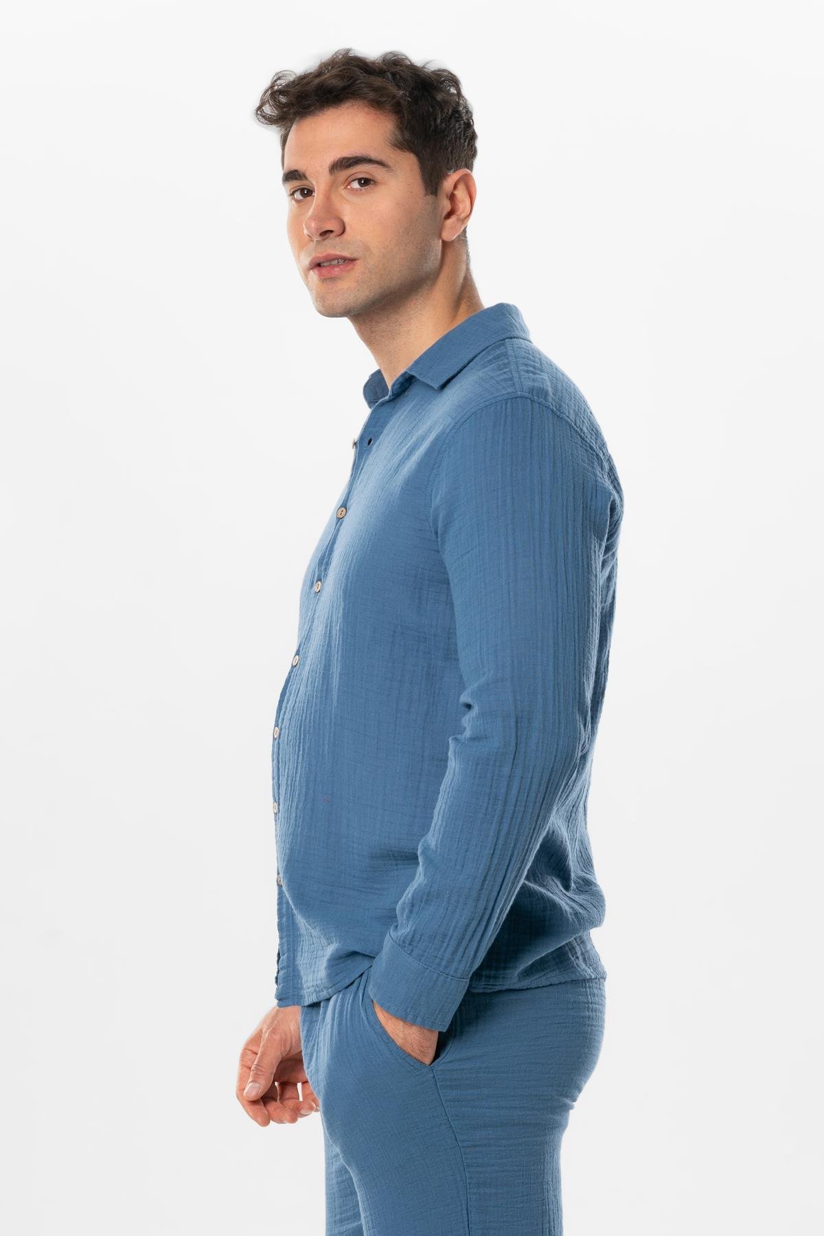 Long Sleeve Muslin Summer Men's Shirt Indigo