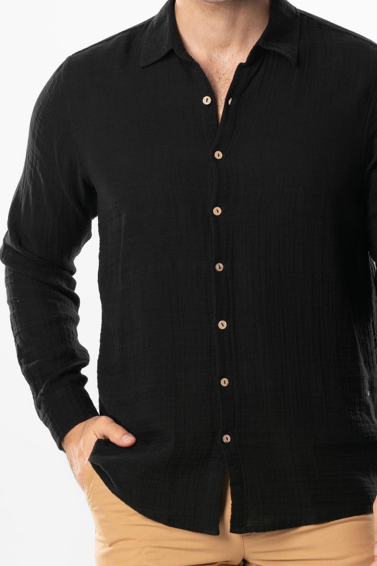 Long Sleeve Muslin Summer Men's Shirt Black