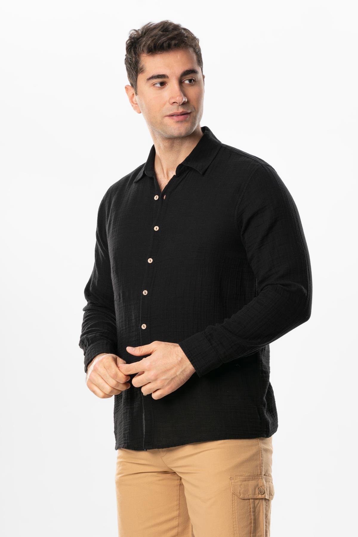 Long Sleeve Muslin Summer Men's Shirt Black