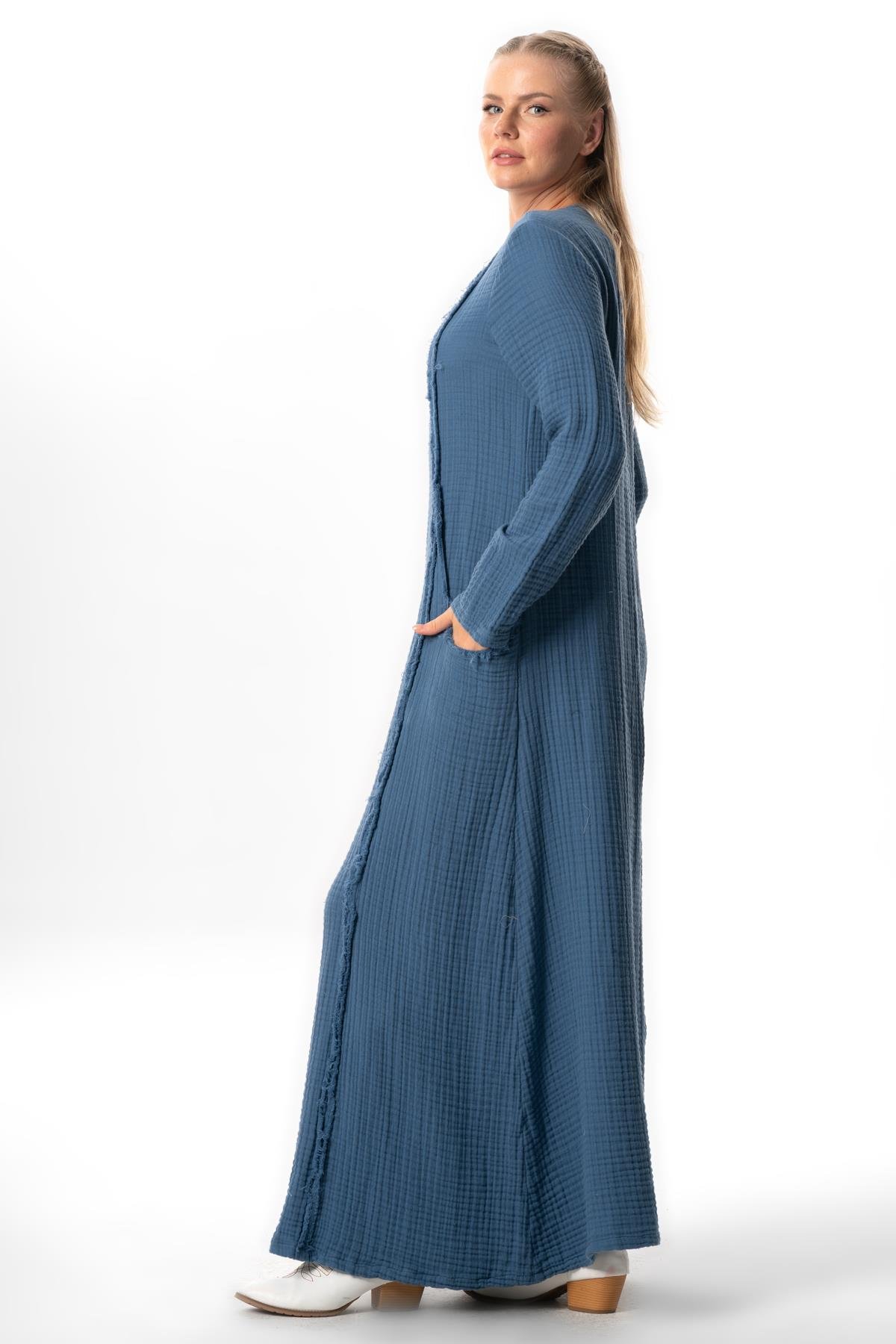 Long Sleeve Nazlı Side Double Pockets Autumn-Winter Authentic Double Muslin Long Dress İndigo