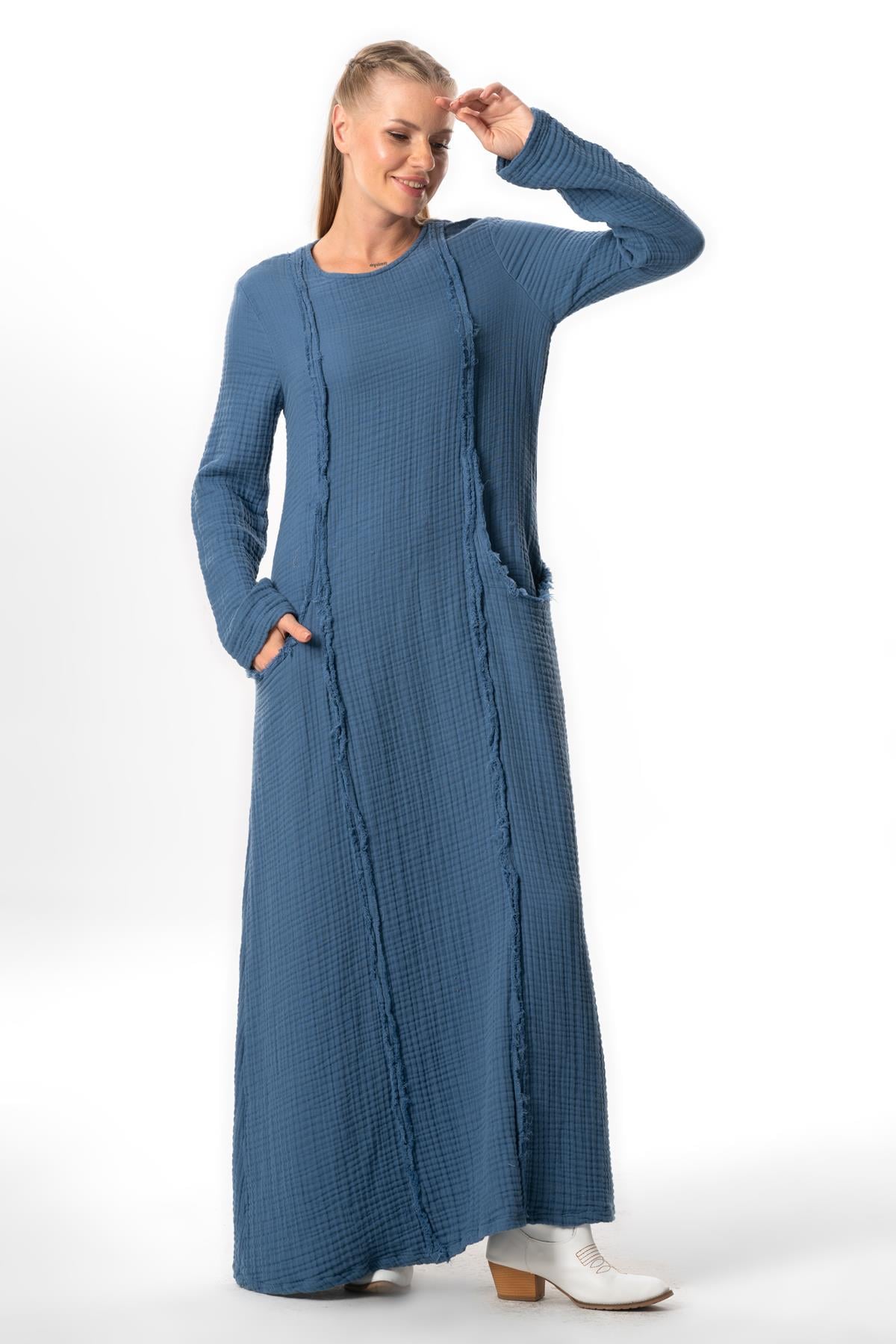 Long Sleeve Nazlı Side Double Pockets Autumn-Winter Authentic Double Muslin Long Dress İndigo