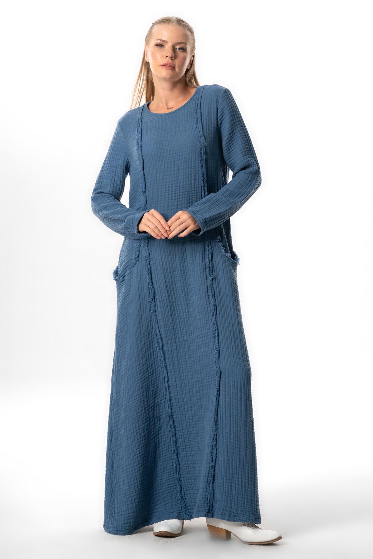 Long Sleeve Nazlı Side Double Pockets Autumn-Winter Authentic Double Muslin Long Dress İndigo