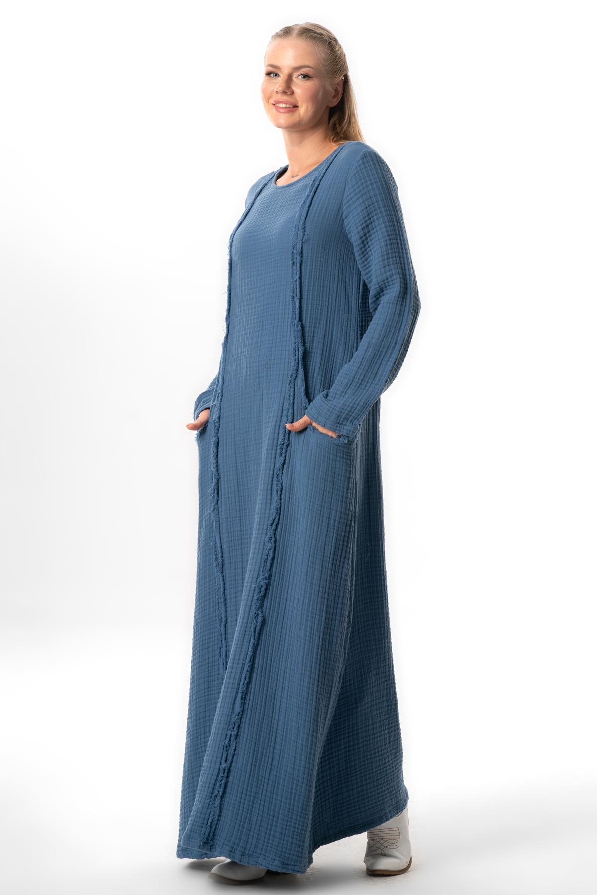 Long Sleeve Nazlı Side Double Pockets Autumn-Winter Authentic Double Muslin Long Dress İndigo