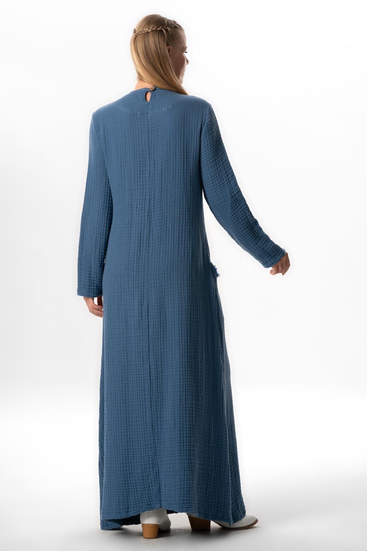 Long Sleeve Nazlı Side Double Pockets Autumn-Winter Authentic Double Muslin Long Dress İndigo