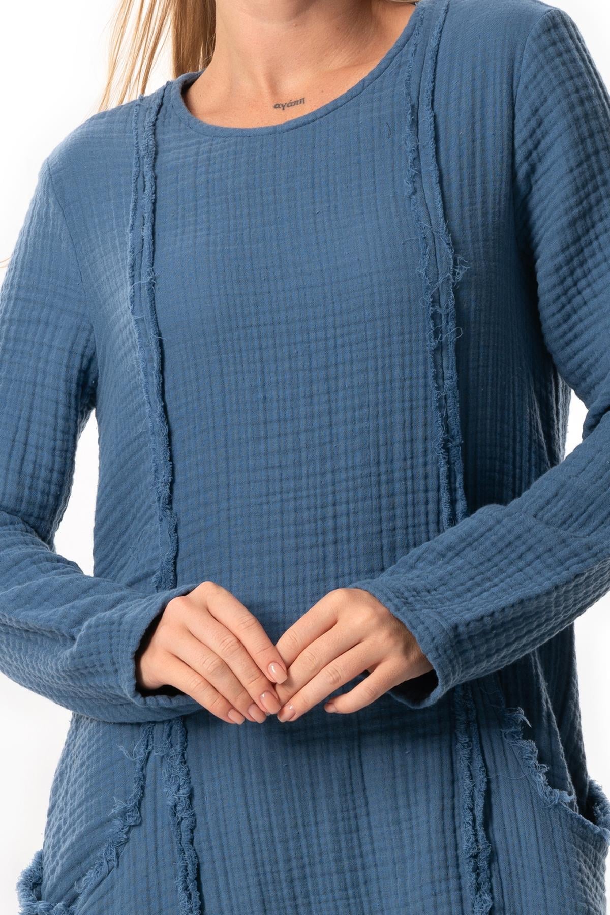 Long Sleeve Nazlı Side Double Pockets Autumn-Winter Authentic Double Muslin Long Dress İndigo