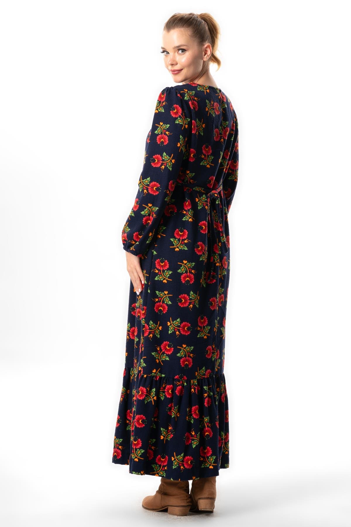Uzun Kol Nergis Pazen Sonbahar ve Kışlık Zambak Desen Uzun Elbise Lacivert Lcvt