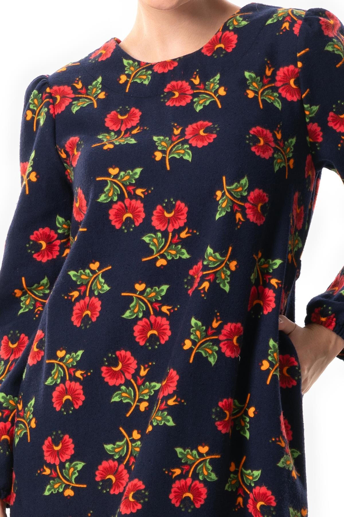 Uzun Kol Nergis Pazen Sonbahar ve Kışlık Zambak Desen Uzun Elbise Lacivert Lcvt