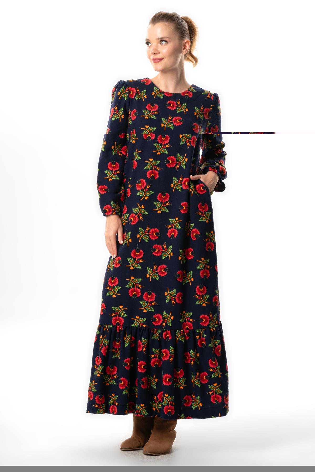 Uzun Kol Nergis Pazen Sonbahar ve Kışlık Zambak Desen Uzun Elbise Lacivert Lcvt