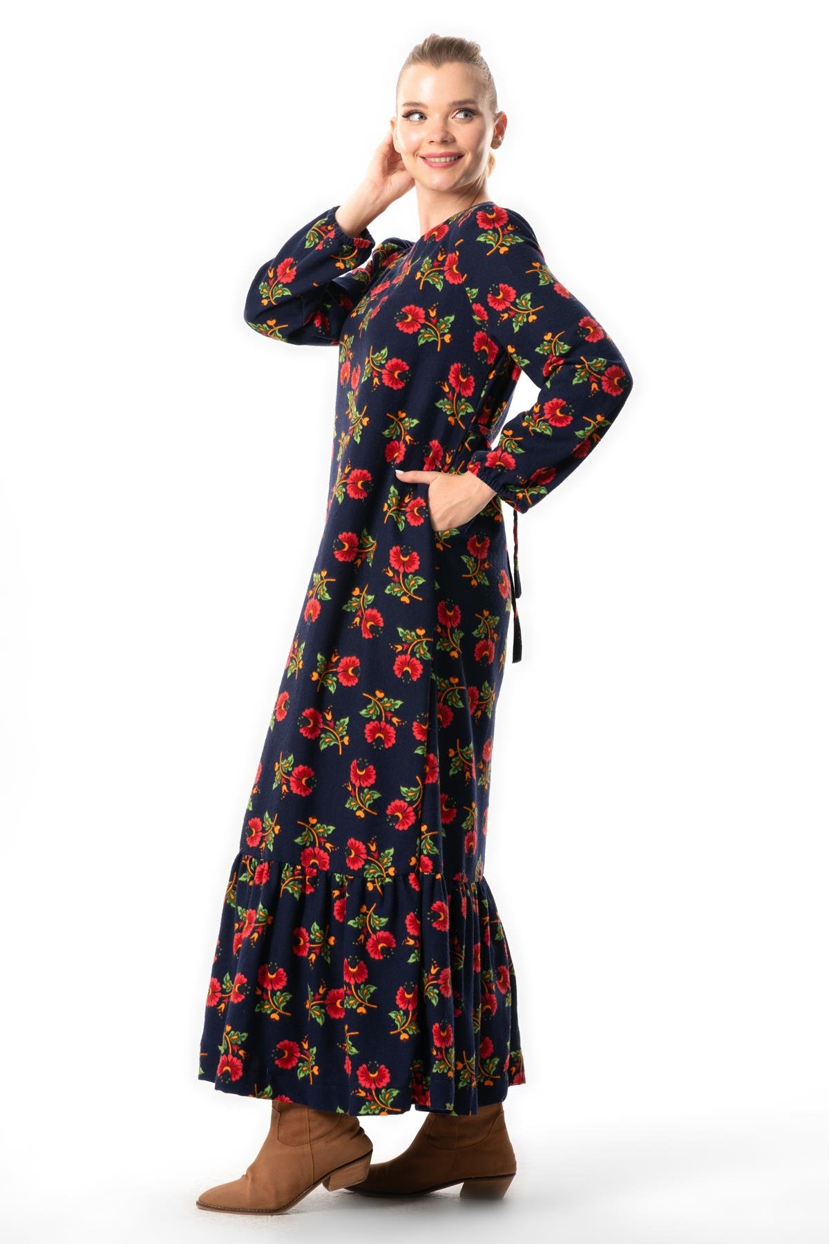 Uzun Kol Nergis Pazen Sonbahar ve Kışlık Zambak Desen Uzun Elbise Lacivert Lcvt
