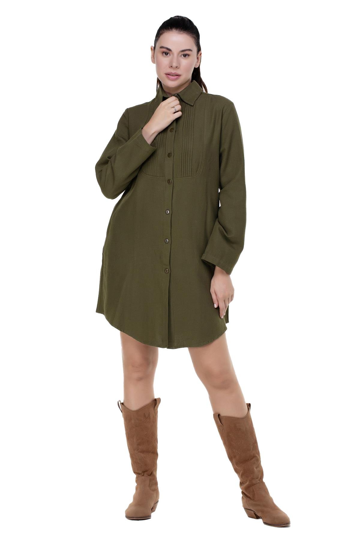 Uzun Kol Nuray Baskılı Pazen Sonbahar ve Kışlık Tunik Haki Hk