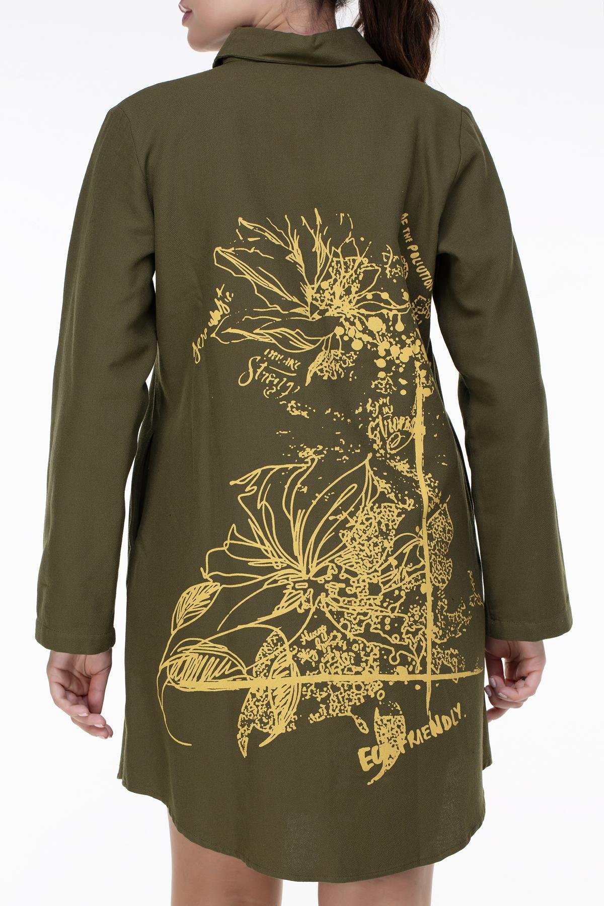 Uzun Kol Nuray Baskılı Pazen Tunik Haki Hk