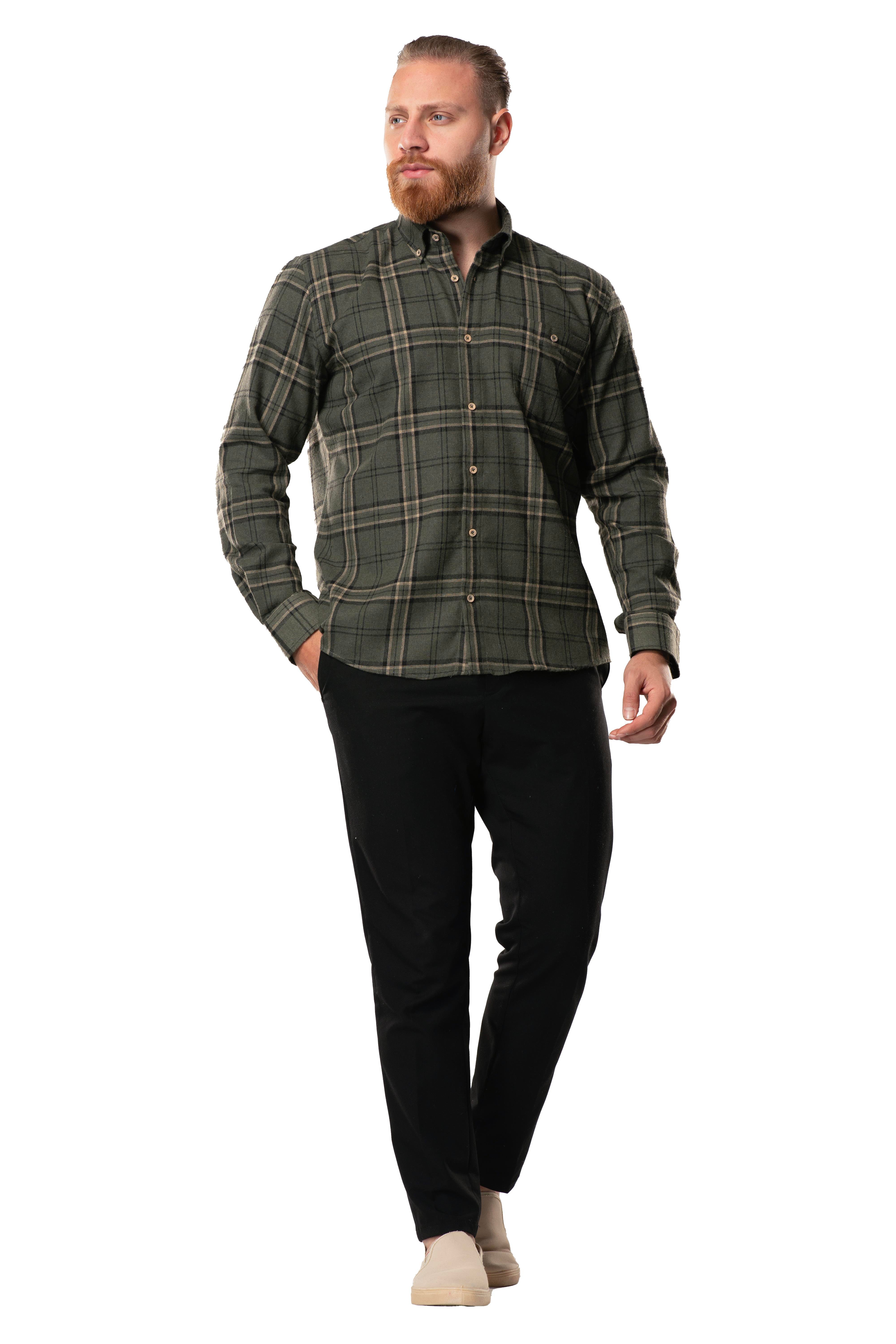 Uzun Kol Oduncu Erkek Pazen Sonbahar ve Kışlık Gömlek Haki Ekose 4044