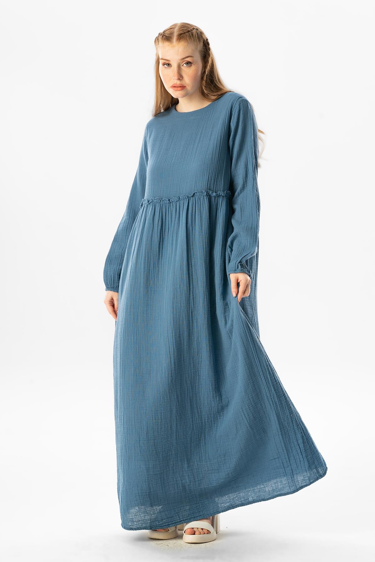 Uzun Kol Oylum Robalı Uzun Yazlık Müslin Elbise İndigo indg