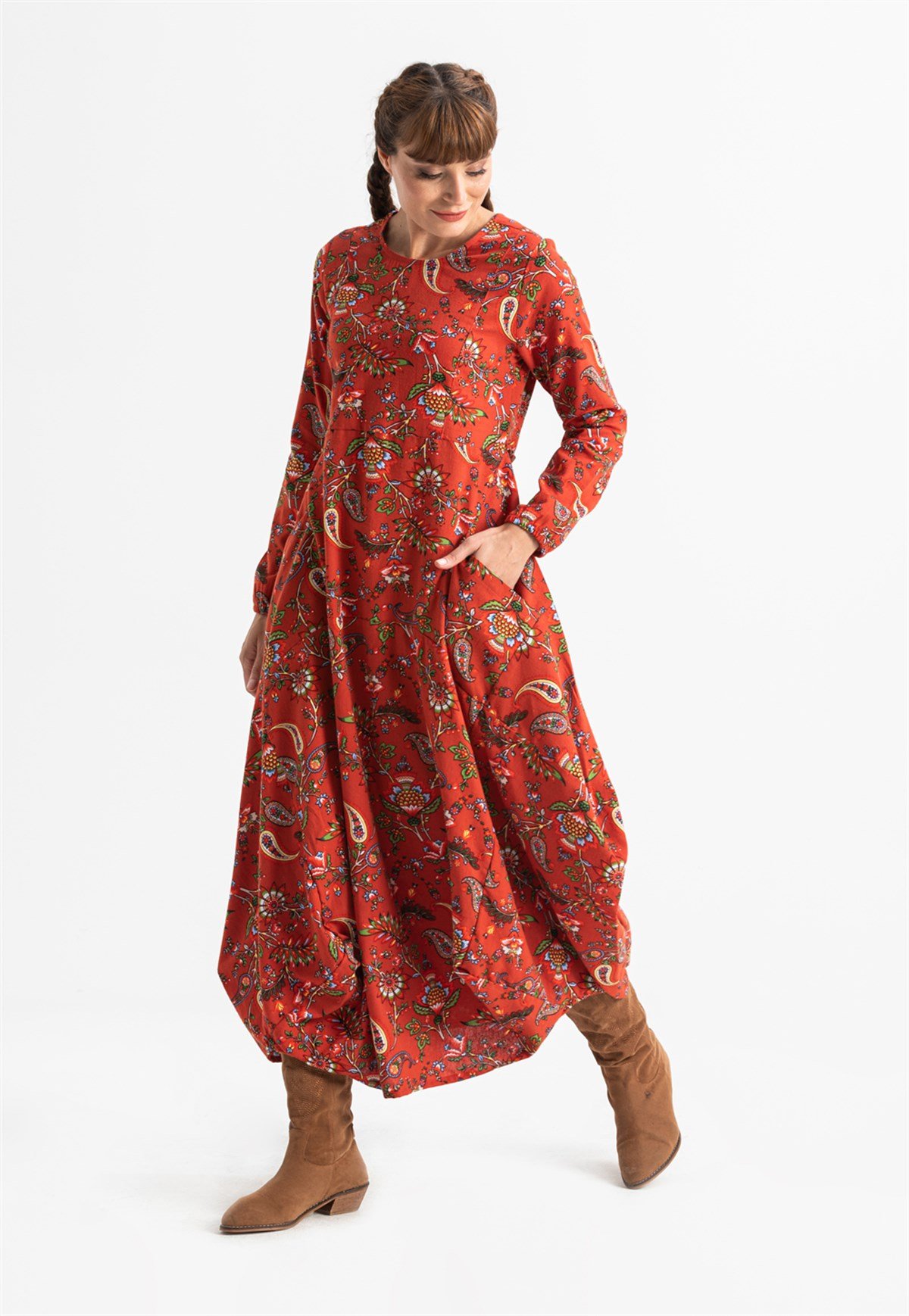 Uzun Kol Pazen Ayşegül Desenli Uzun Elbise Bordo Brd